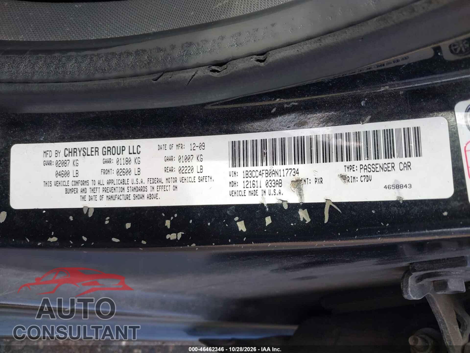 DODGE AVENGER 2010 - 1B3CC4FB0AN117734