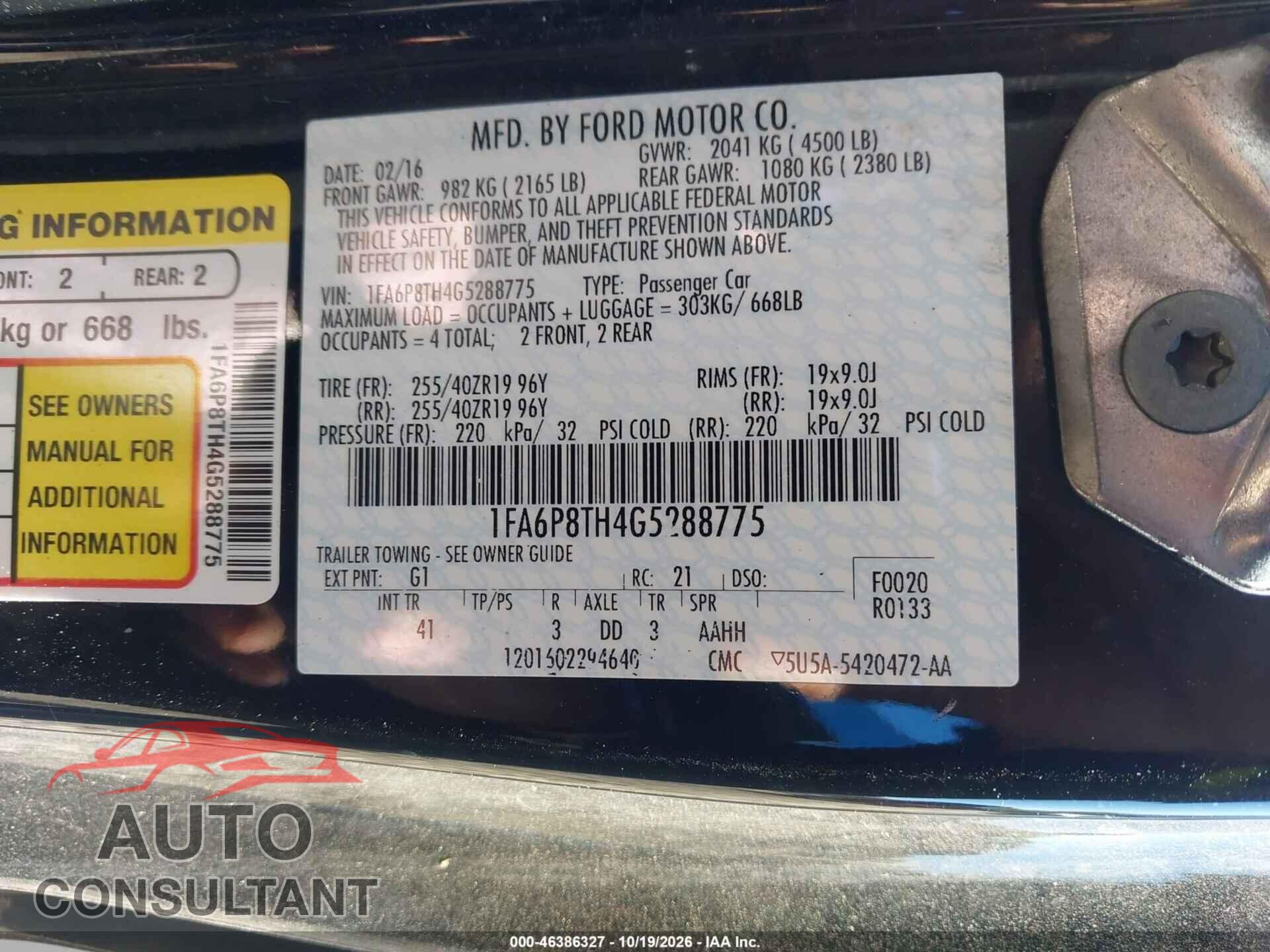 FORD MUSTANG 2016 - 1FA6P8TH4G5288775