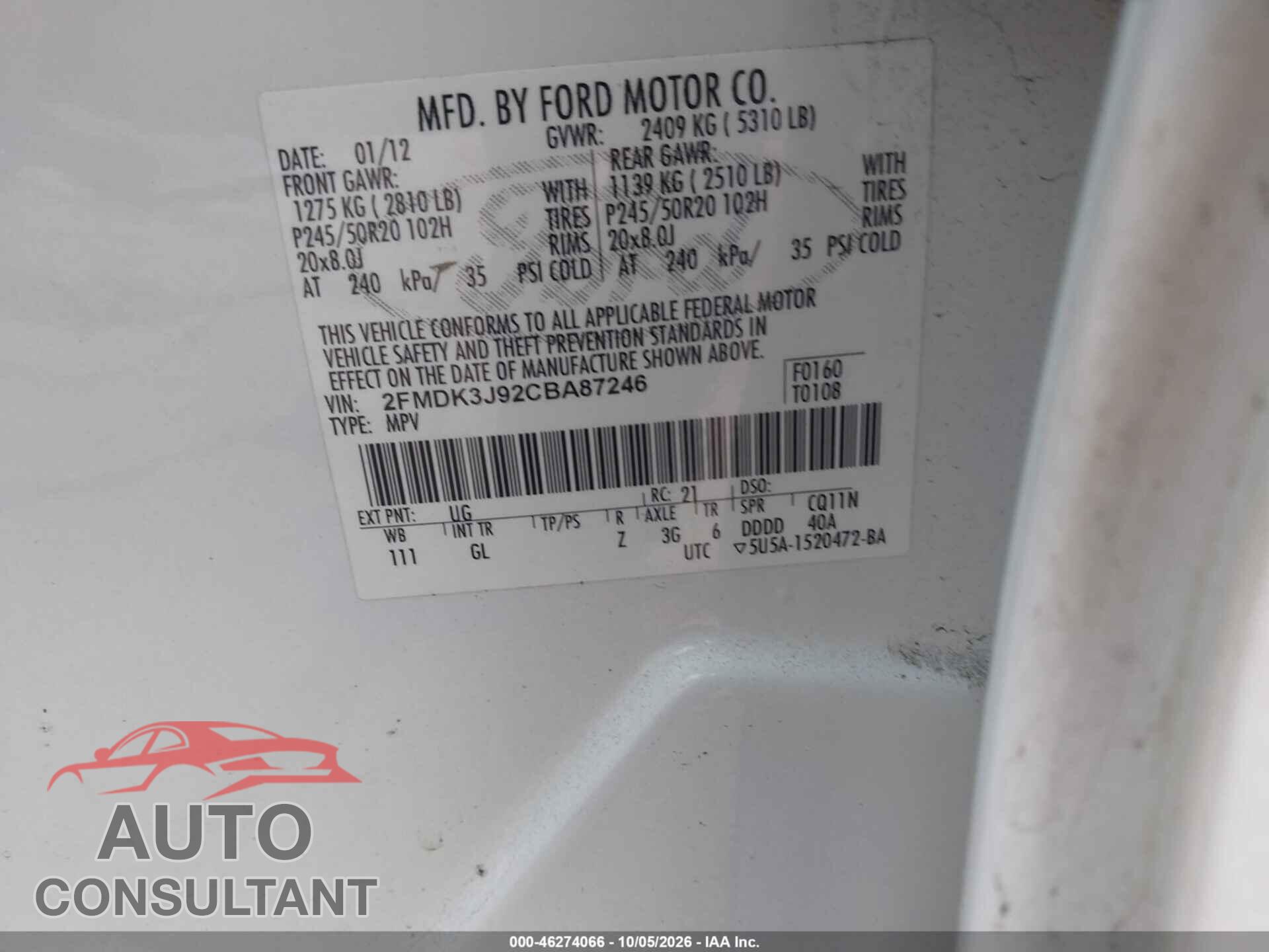 FORD EDGE 2012 - 2FMDK3J92CBA87246