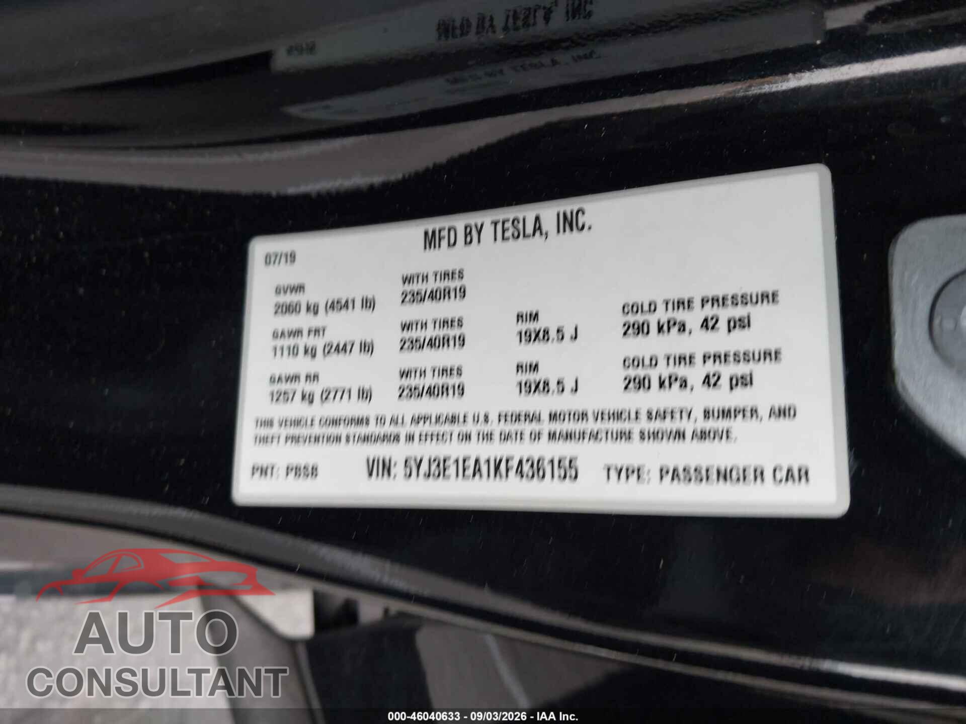 TESLA MODEL 3 2019 - 5YJ3E1EA1KF436155