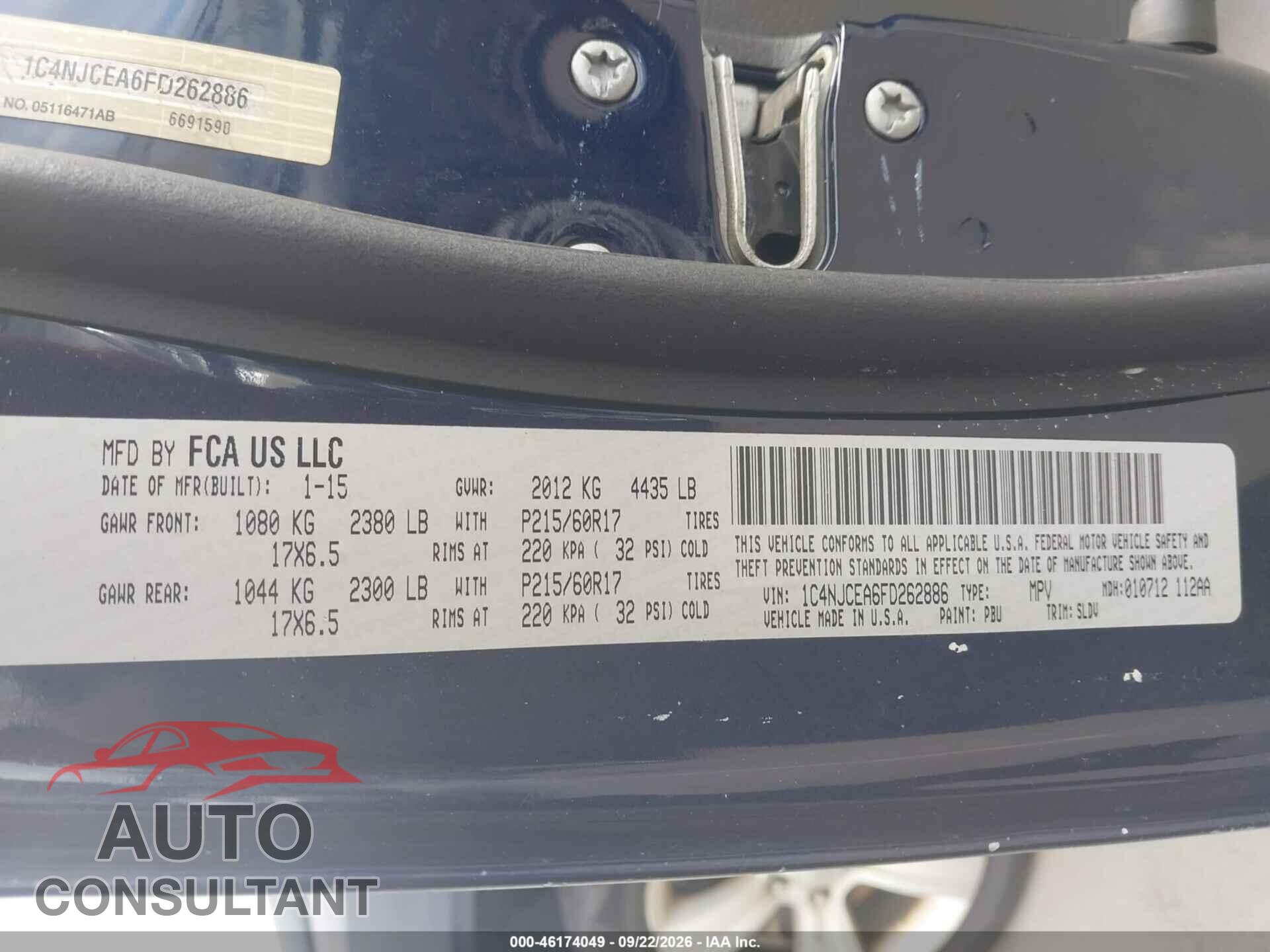 JEEP COMPASS 2015 - 1C4NJCEA6FD262886