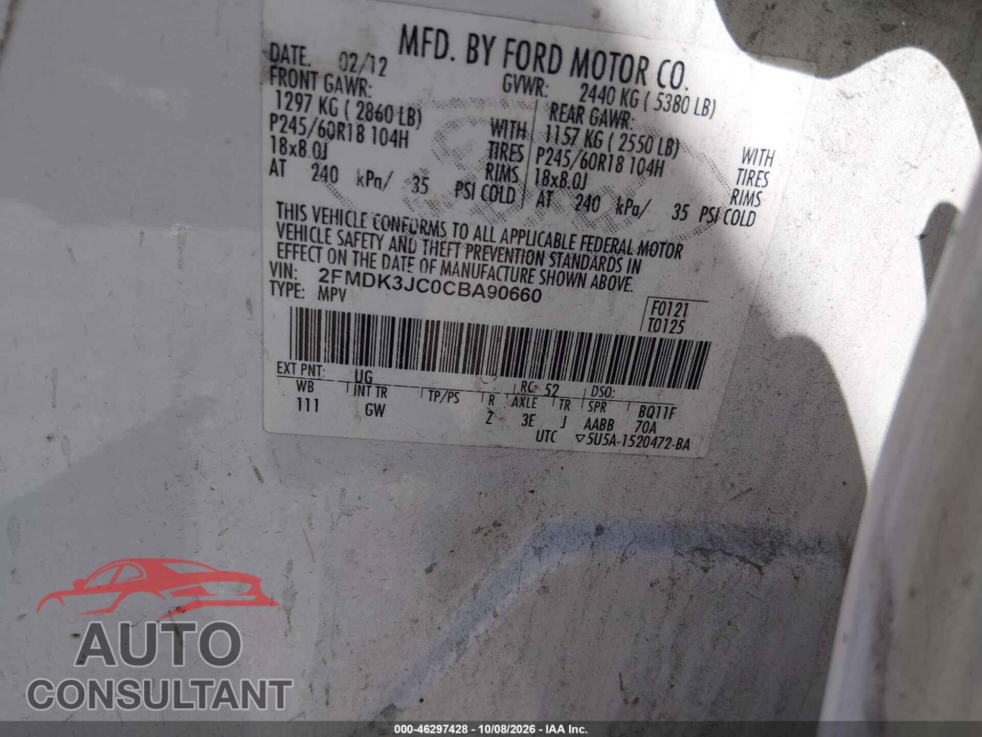 FORD EDGE 2012 - 2FMDK3JC0CBA90660