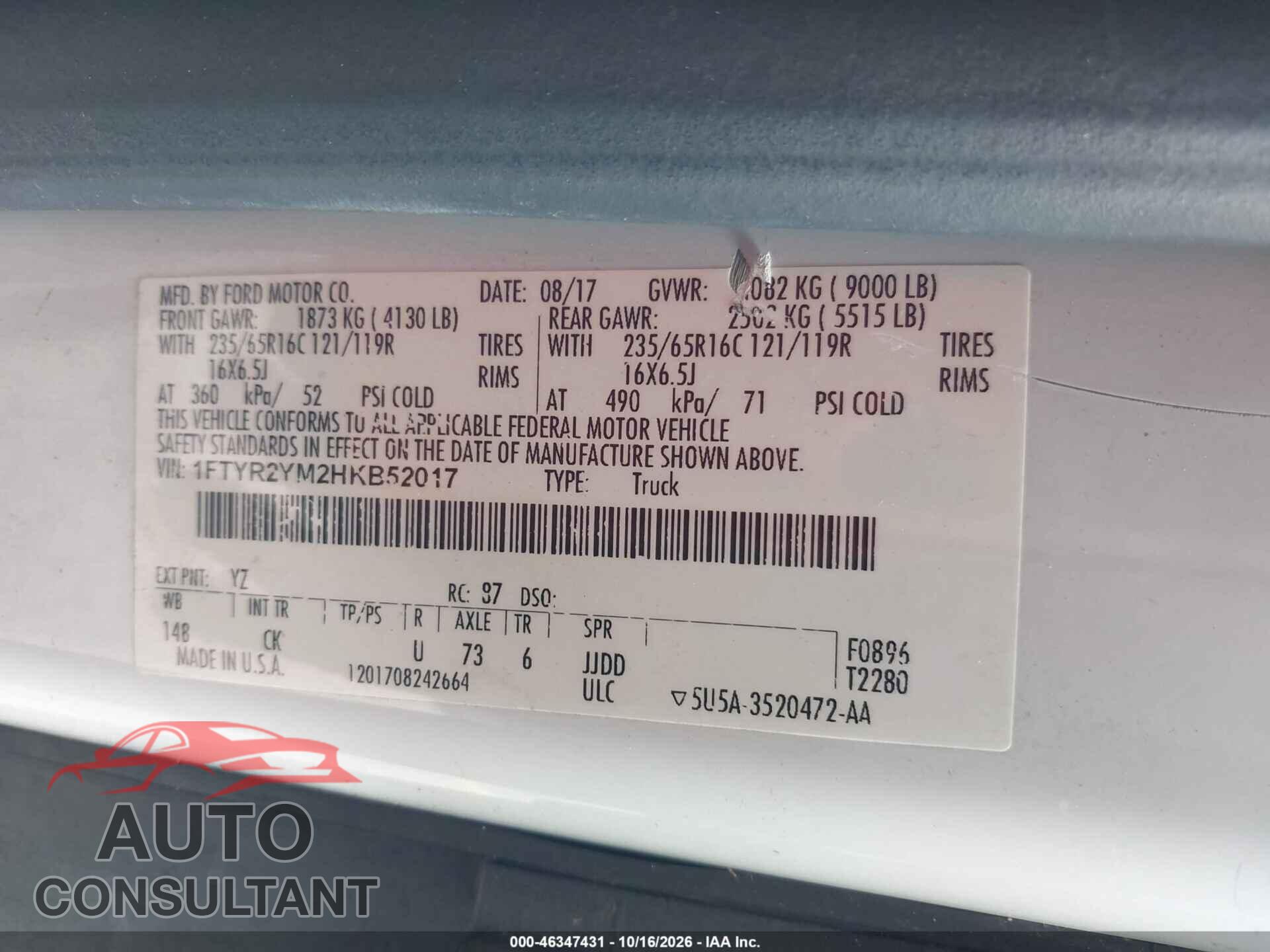 FORD TRANSIT-250 2017 - 1FTYR2YM2HKB52017