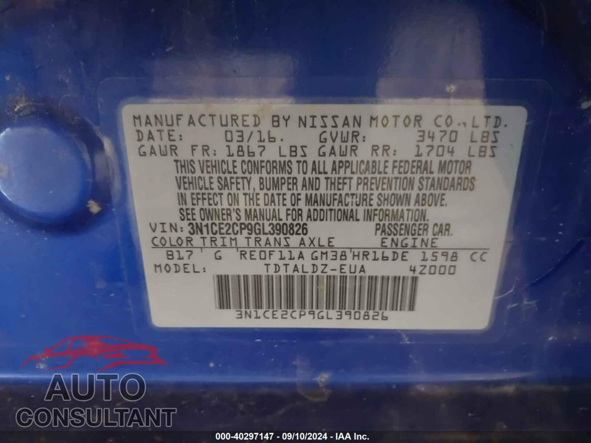 NISSAN VERSA NOTE 2016 - 3N1CE2CP9GL390826