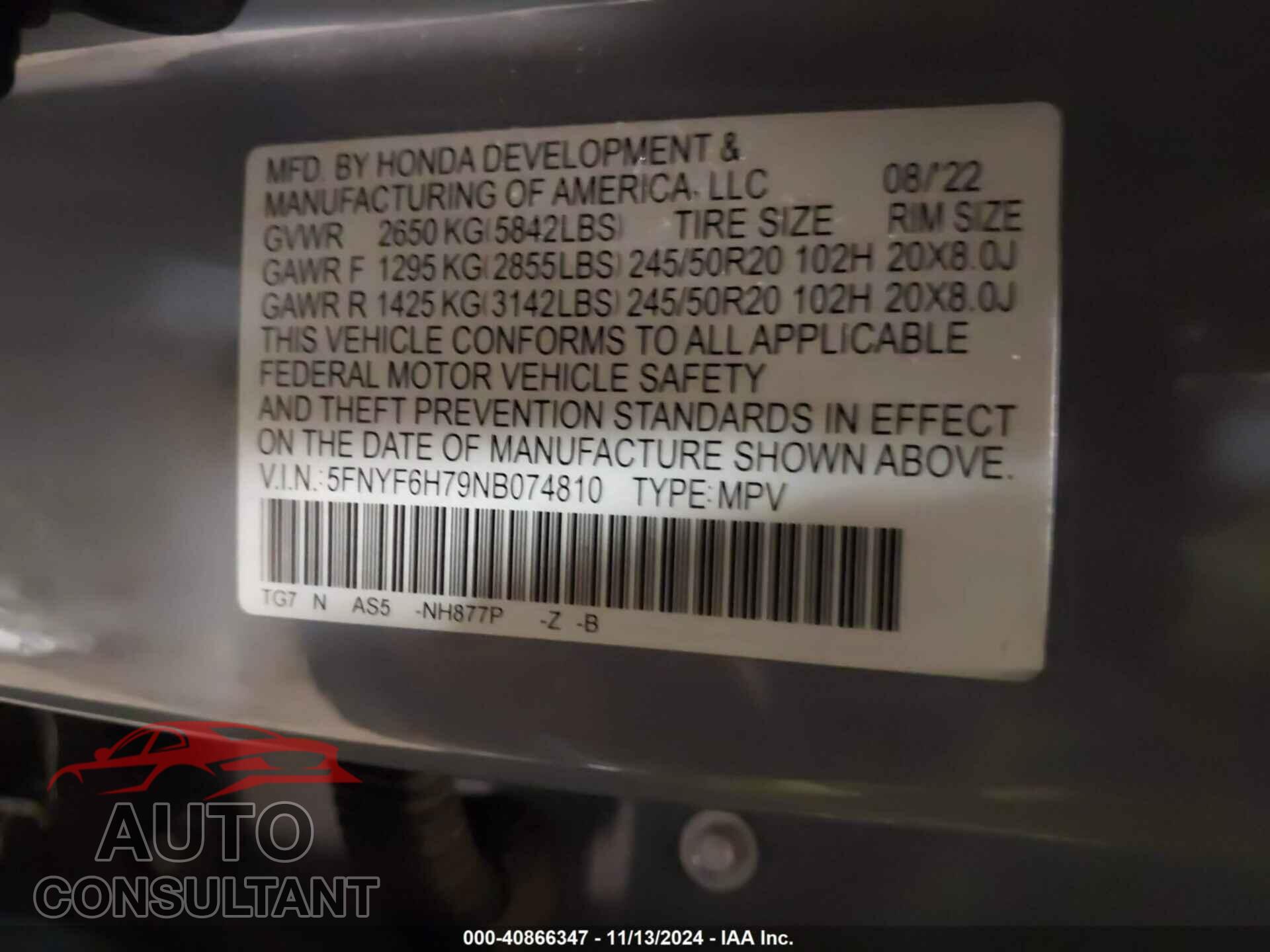 HONDA PILOT 2022 - 5FNYF6H79NB074810