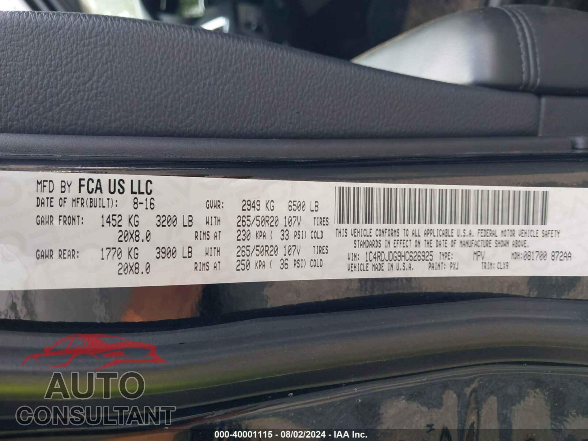 DODGE DURANGO 2017 - 1C4RDJDG9HC626925