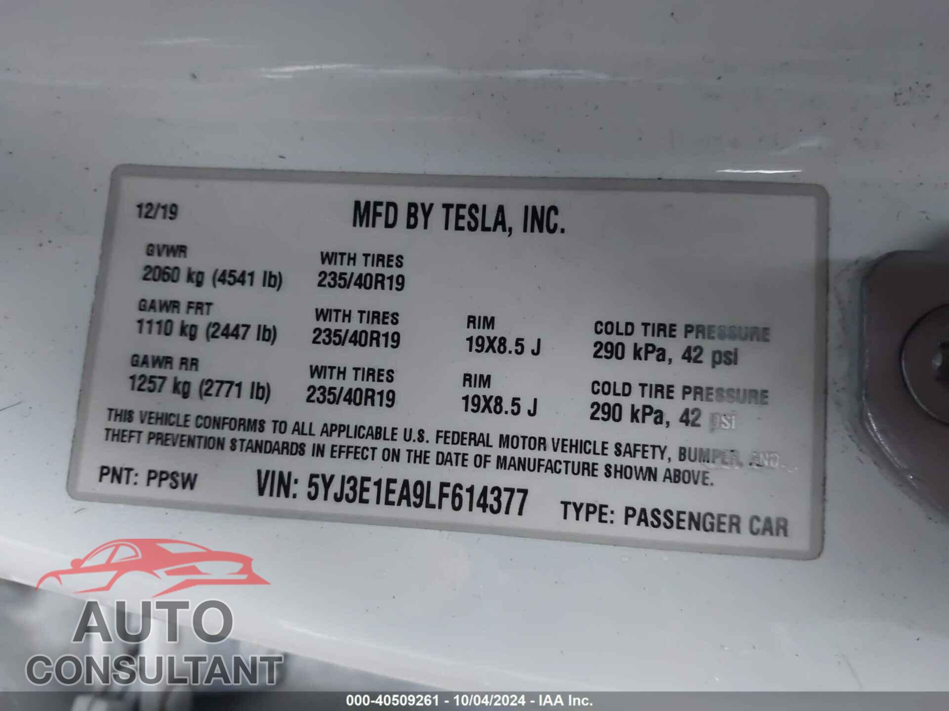 TESLA MODEL 3 2020 - 5YJ3E1EA9LF614377
