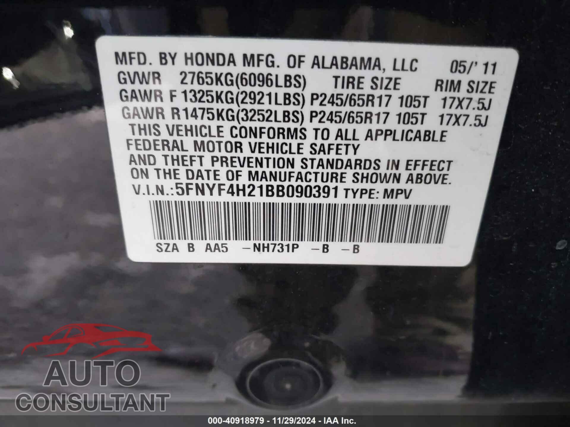 HONDA PILOT 2011 - 5FNYF4H21BB090391
