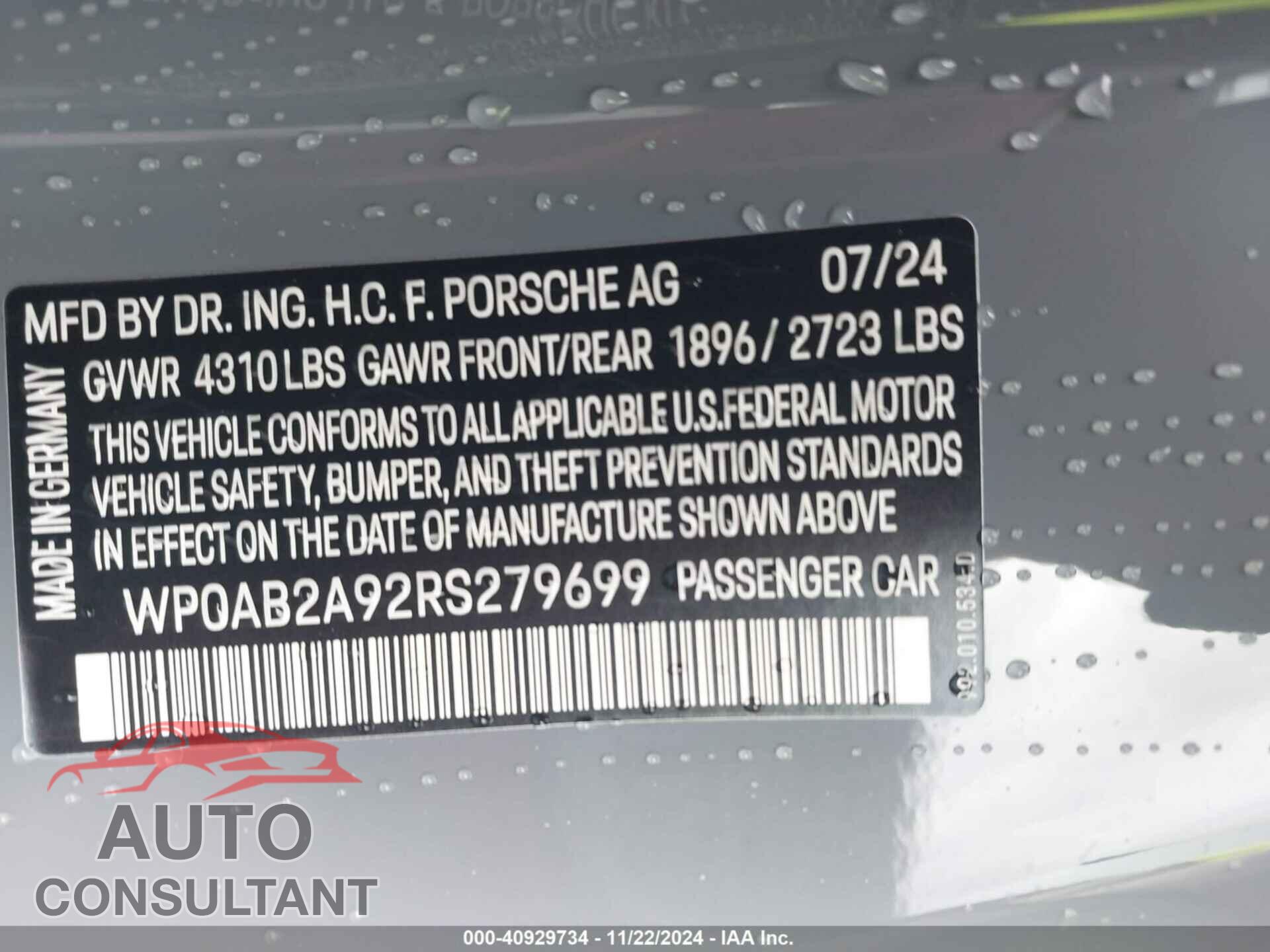 PORSCHE 911 2024 - WP0AB2A92RS279699