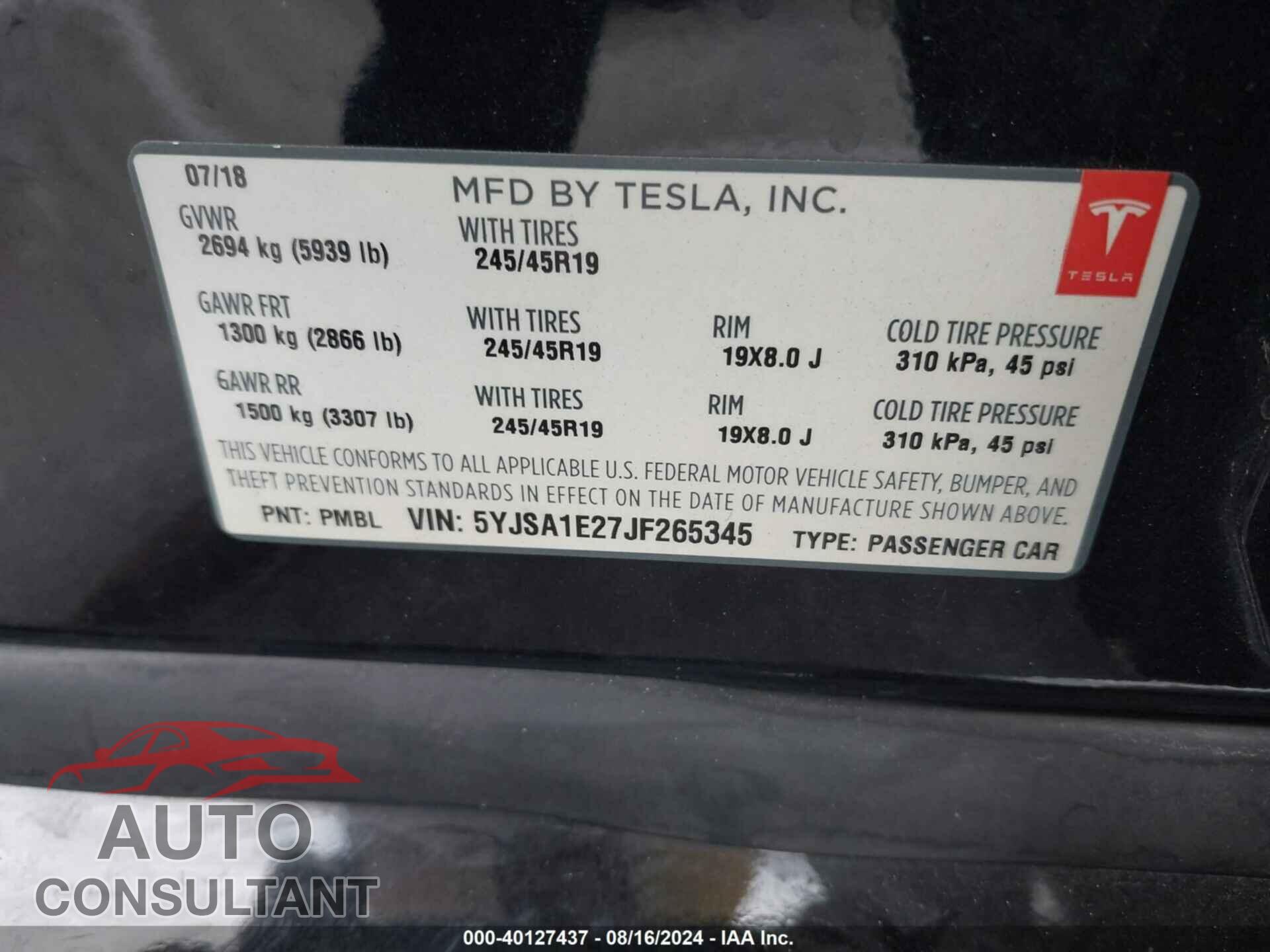 TESLA MODEL S 2018 - 5YJSA1E27JF265345