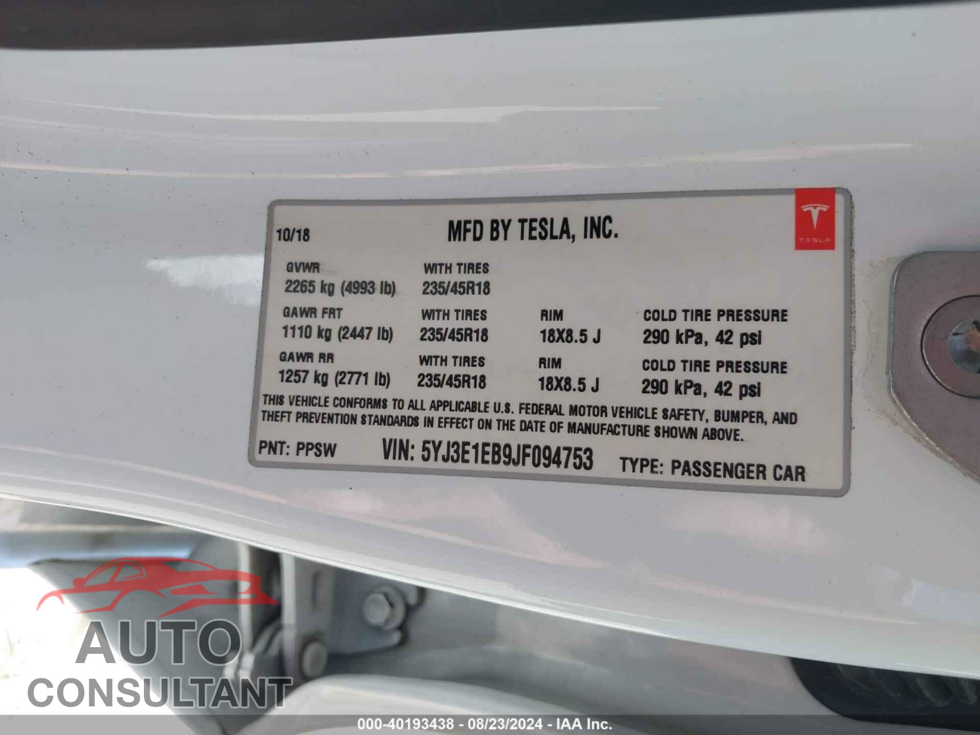 TESLA MODEL 3 2018 - 5YJ3E1EB9JF094753
