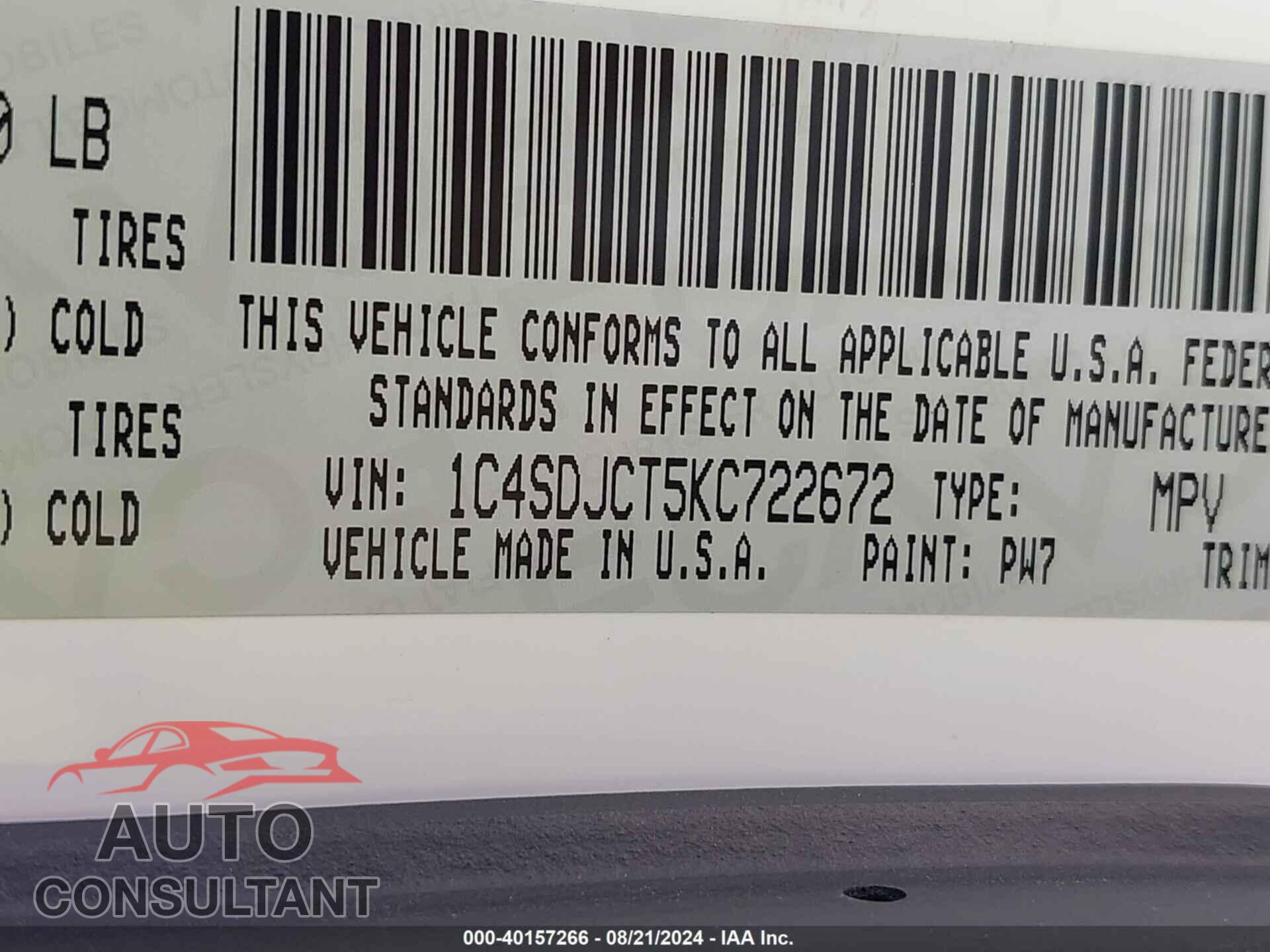 DODGE DURANGO 2019 - 1C4SDJCT5KC722672