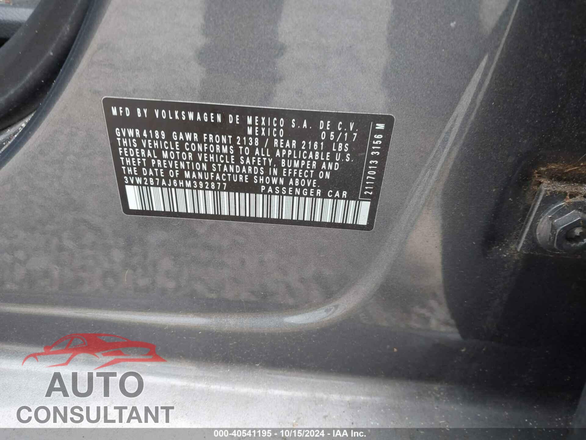 VOLKSWAGEN JETTA 2017 - 3VW2B7AJ6HM392877