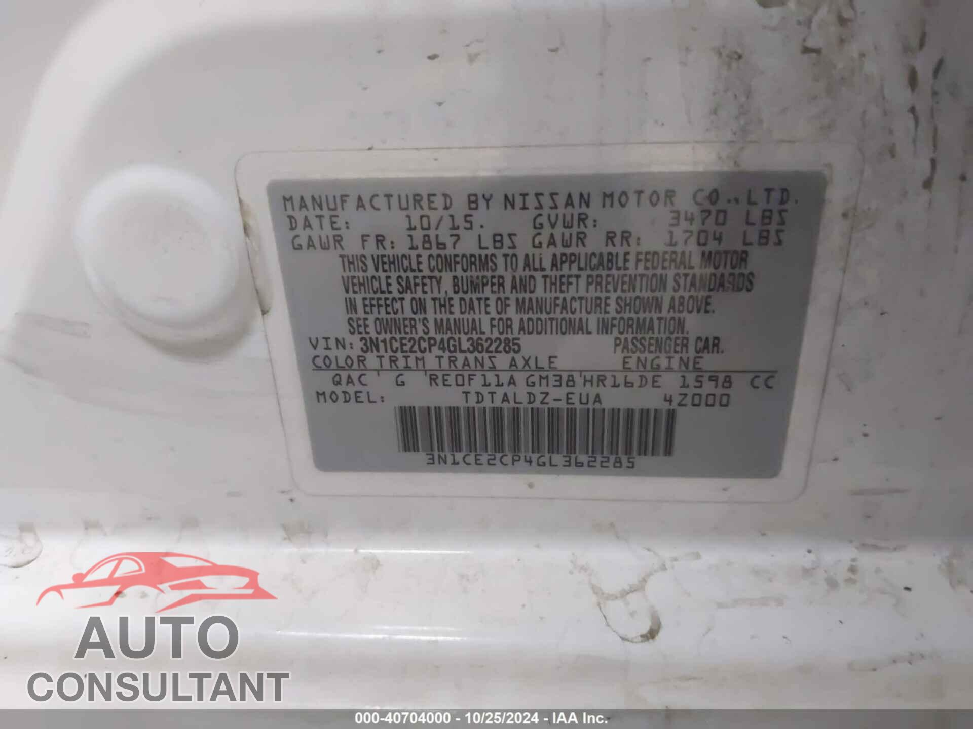 NISSAN VERSA NOTE 2016 - 3N1CE2CP4GL362285