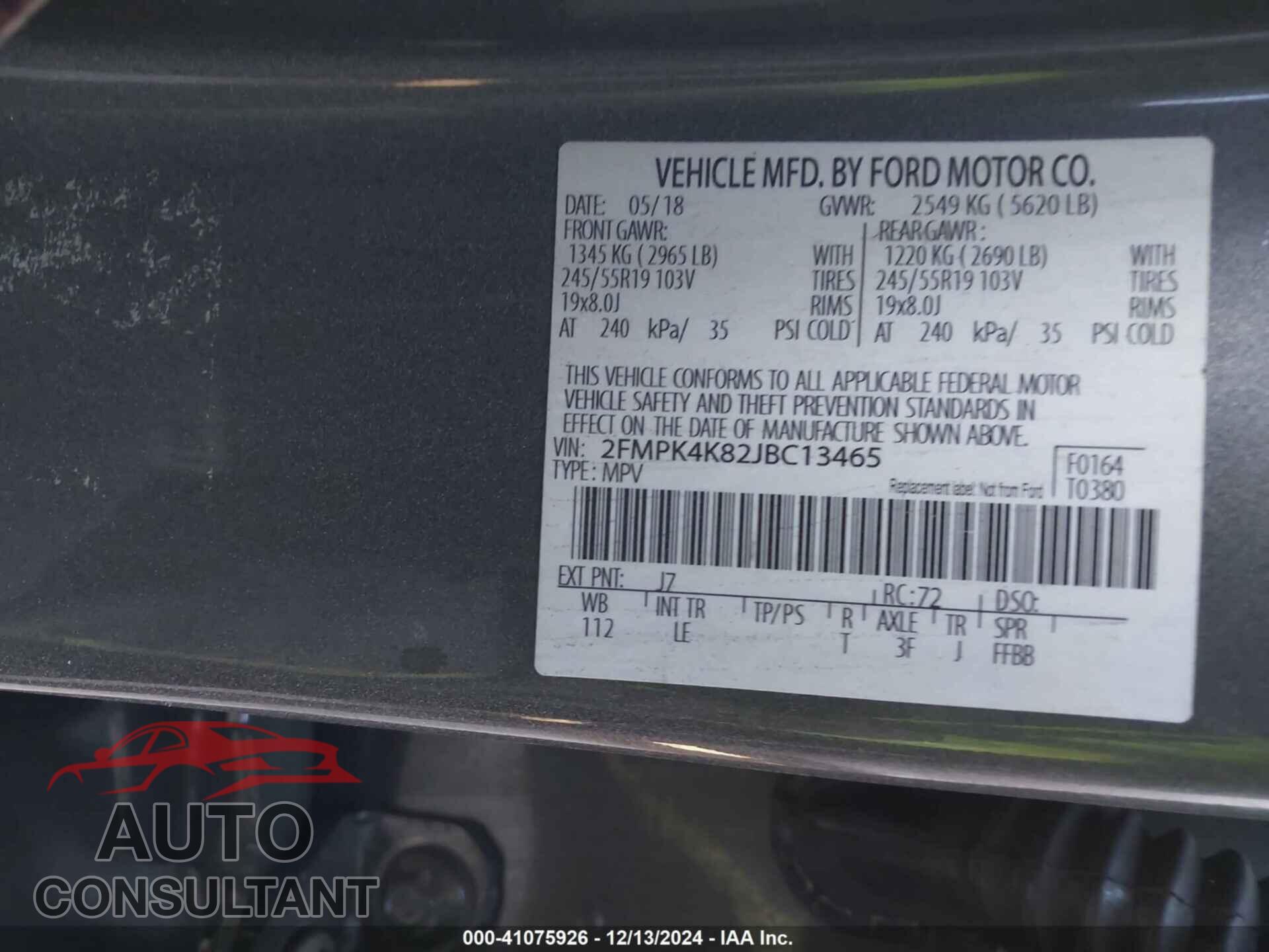 FORD EDGE 2018 - 2FMPK4K82JBC13465