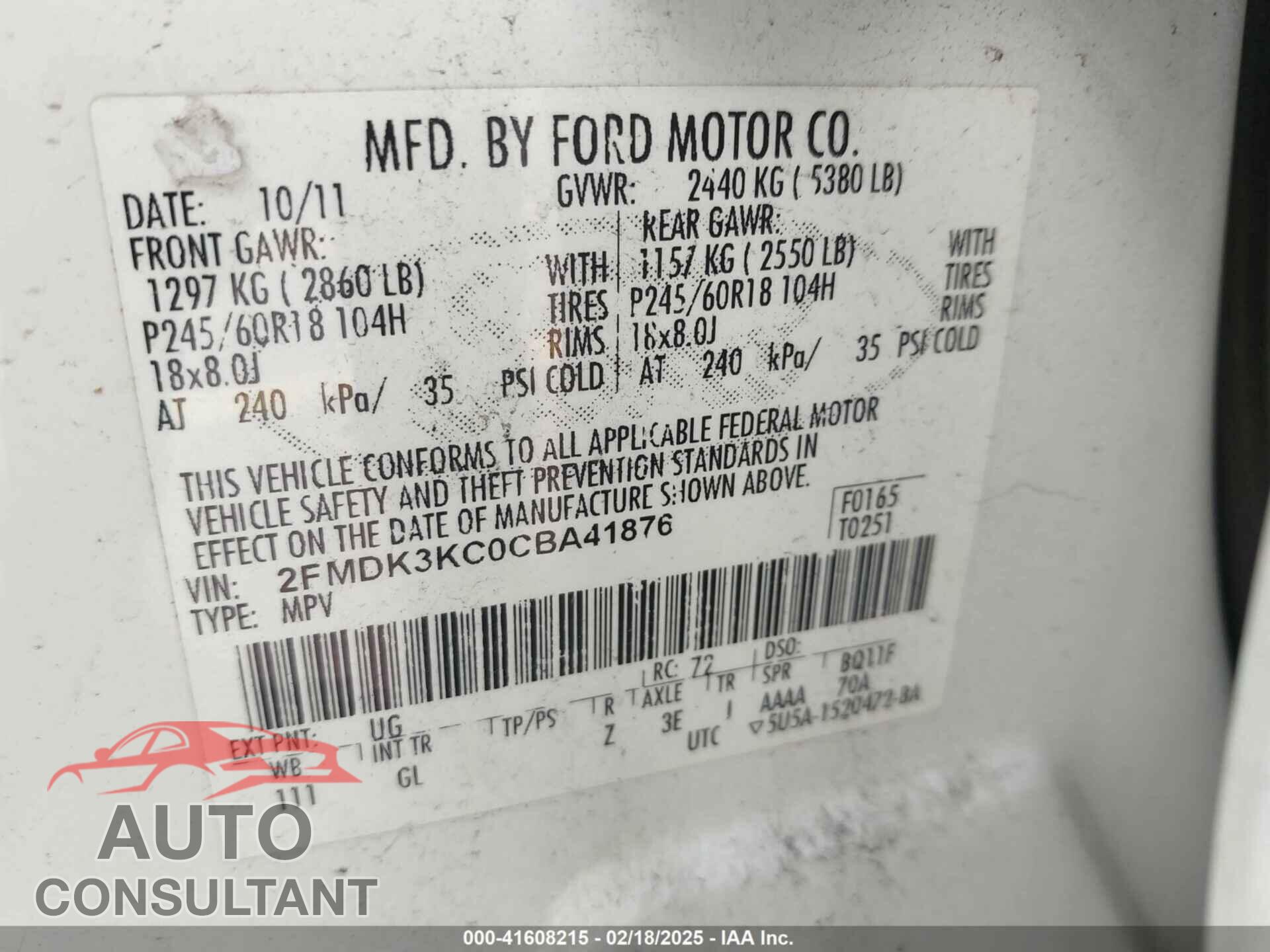 FORD EDGE 2012 - 2FMDK3KC0CBA41876