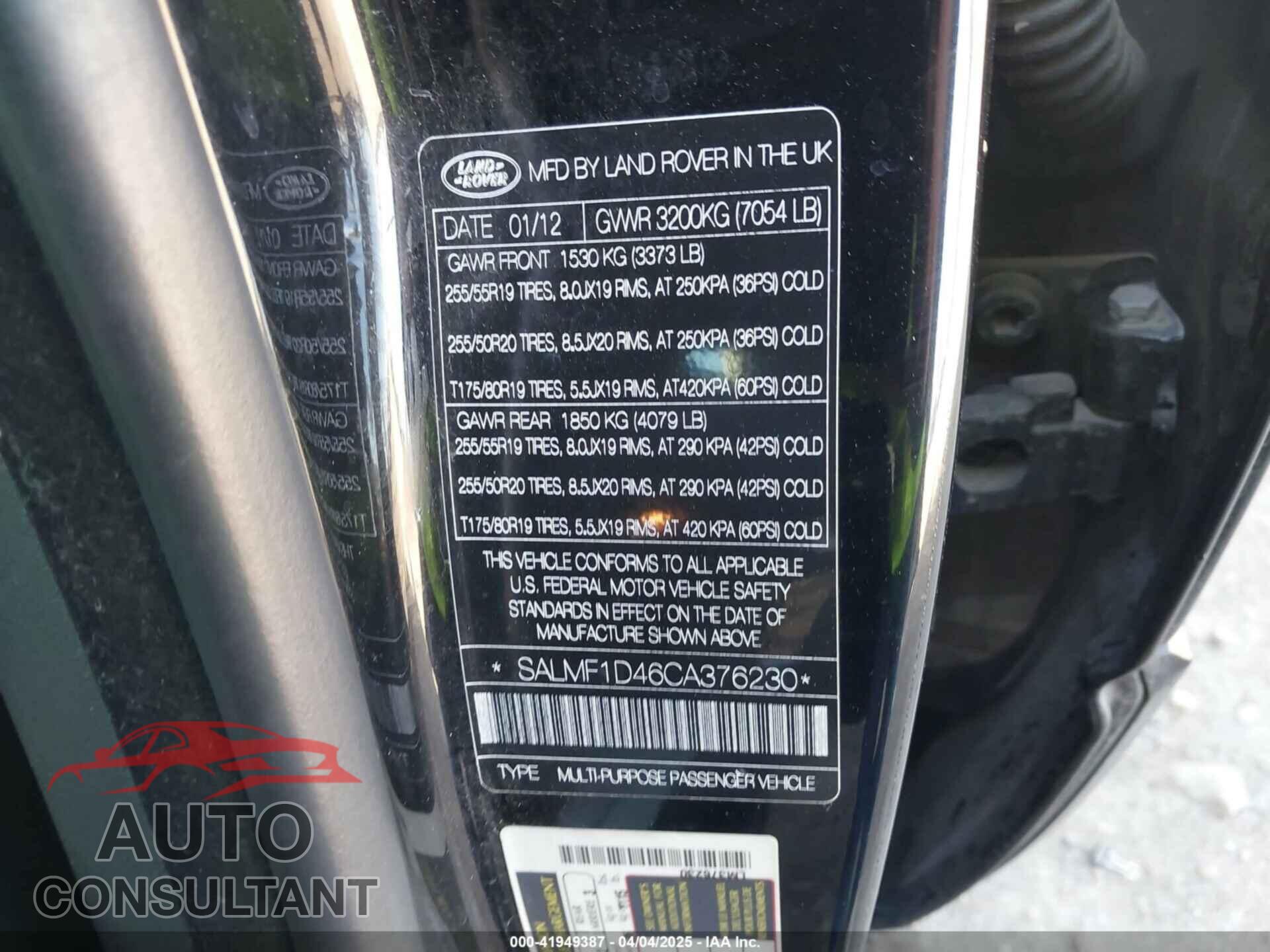 LAND ROVER RANGE ROVER 2012 - SALMF1D46CA376230