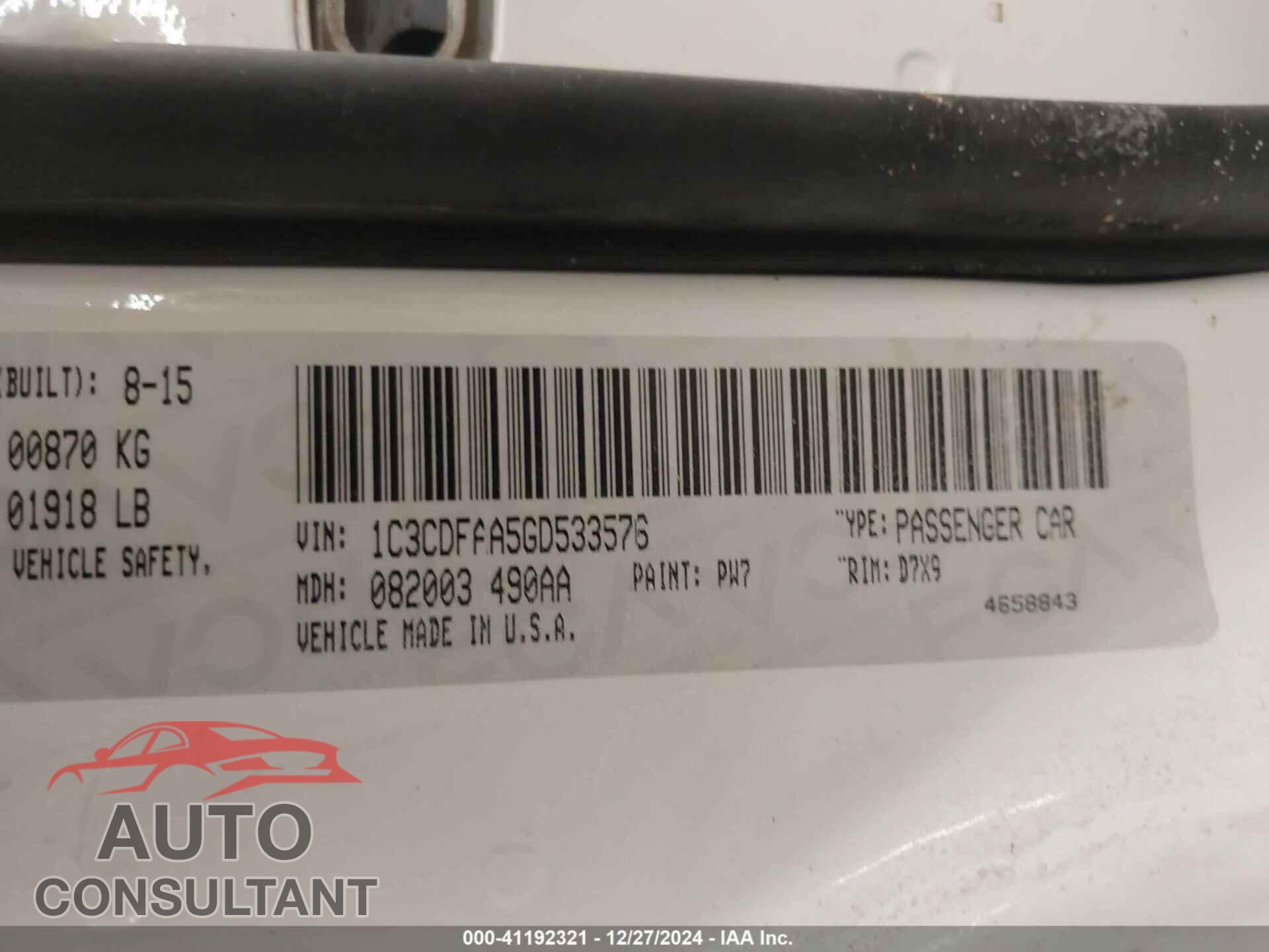 DODGE DART 2016 - 1C3CDFAA5GD533576