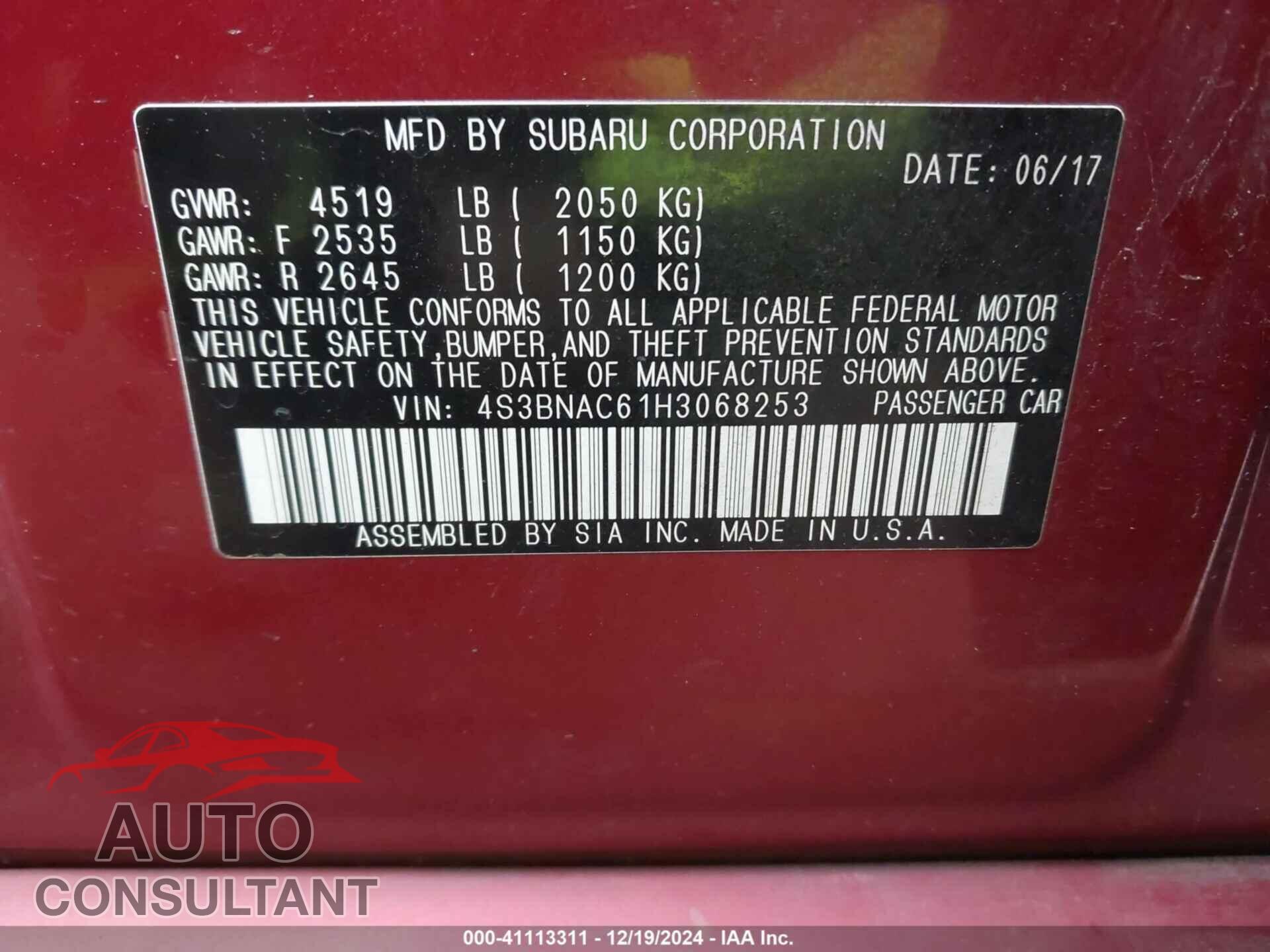 SUBARU LEGACY 2017 - 4S3BNAC61H3068253