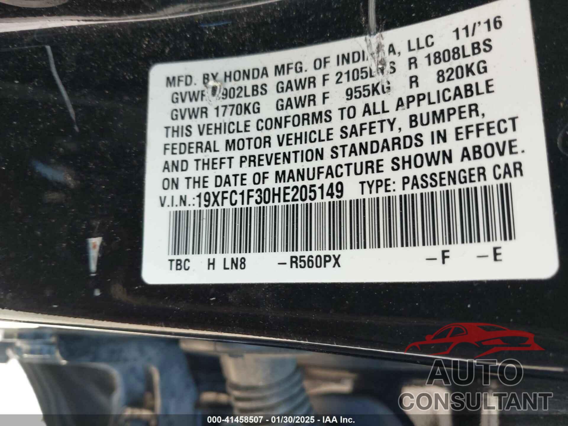 HONDA CIVIC 2017 - 19XFC1F30HE205149