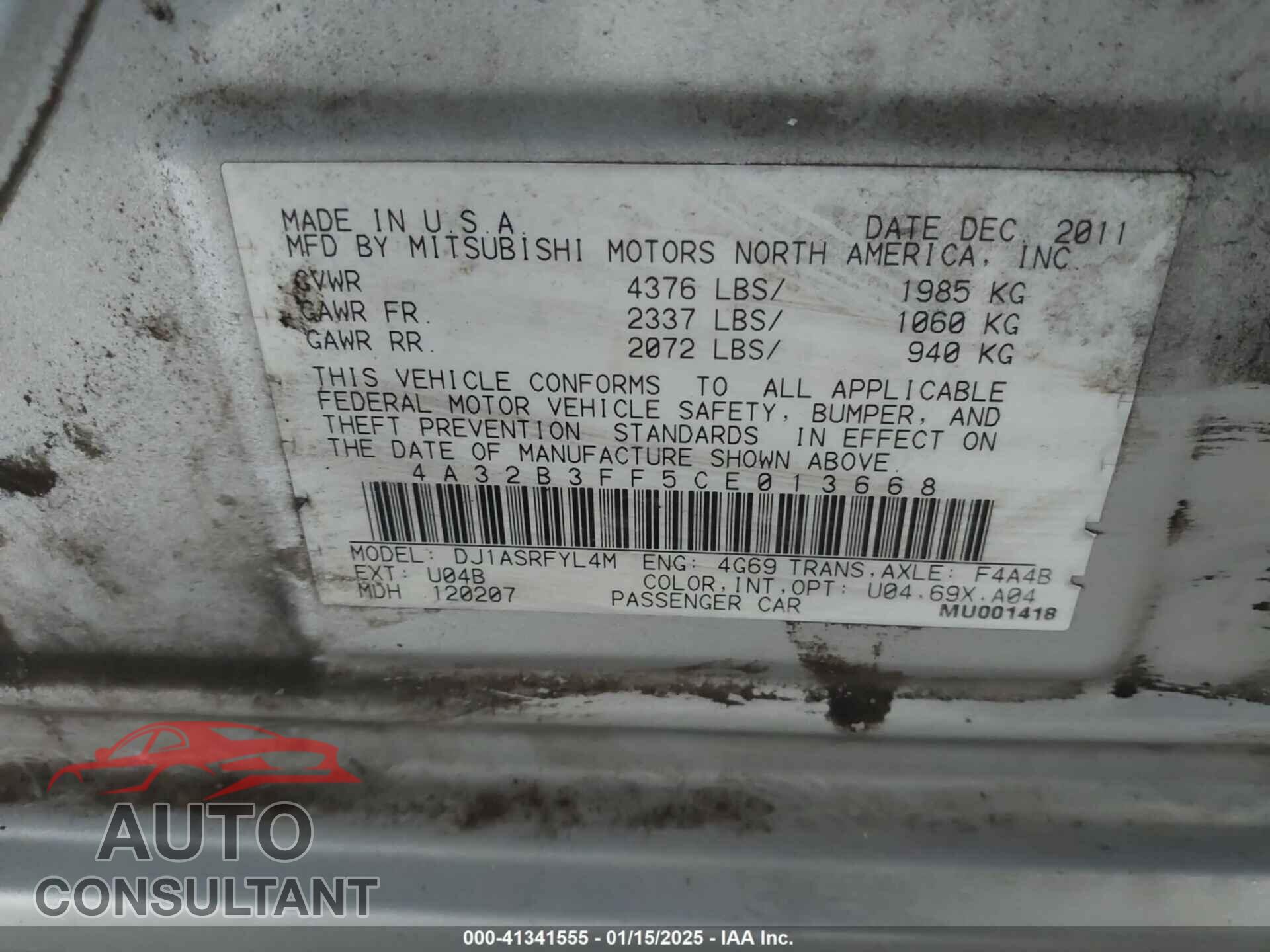 MITSUBISHI GALANT 2012 - 4A32B3FF5CE013668