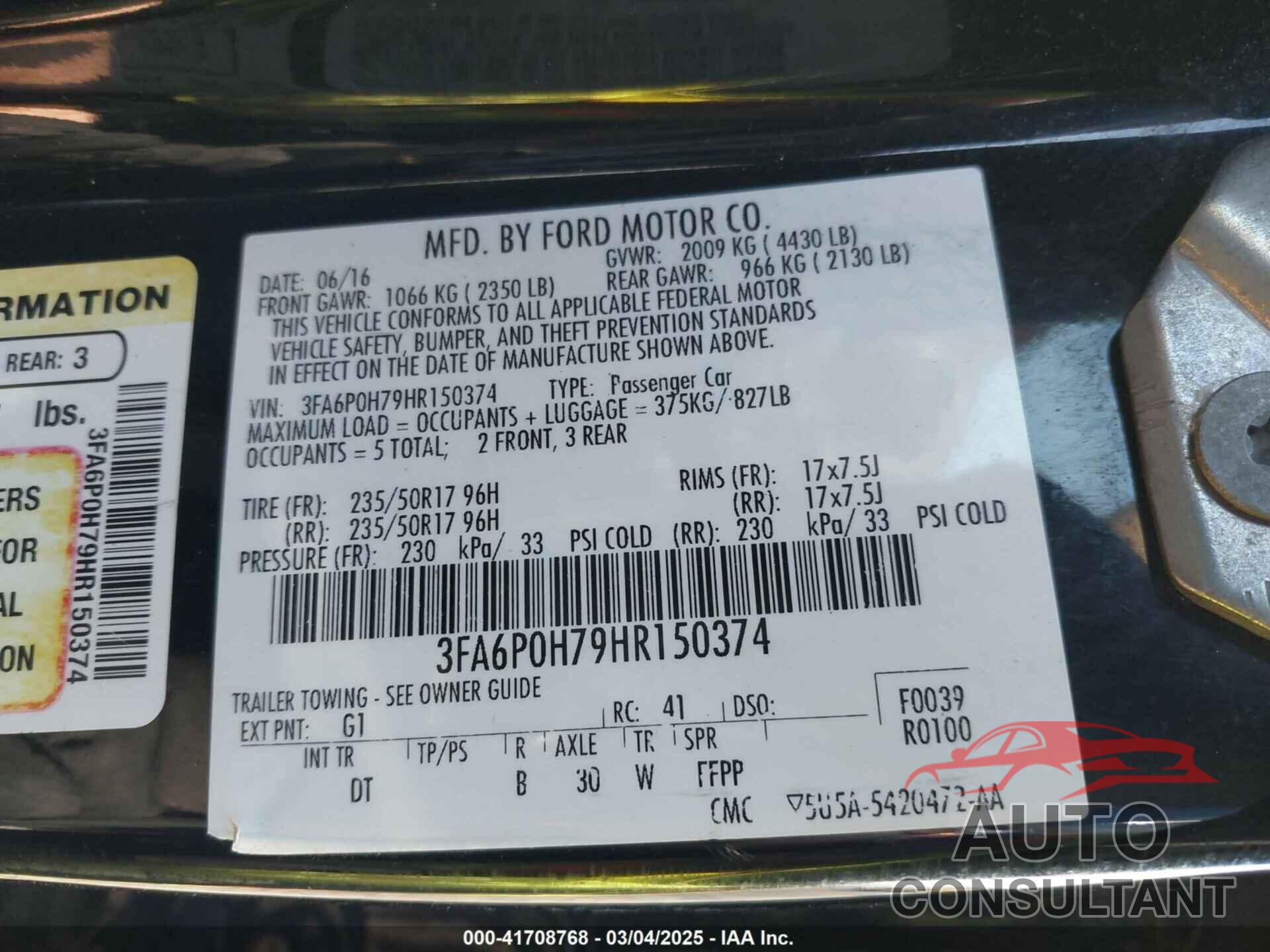 FORD FUSION 2017 - 3FA6P0H79HR150374