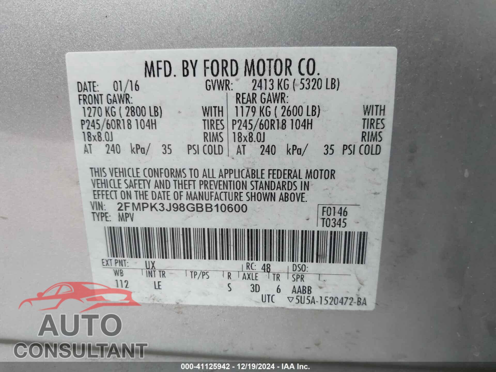 FORD EDGE 2016 - 2FMPK3J98GBB10600