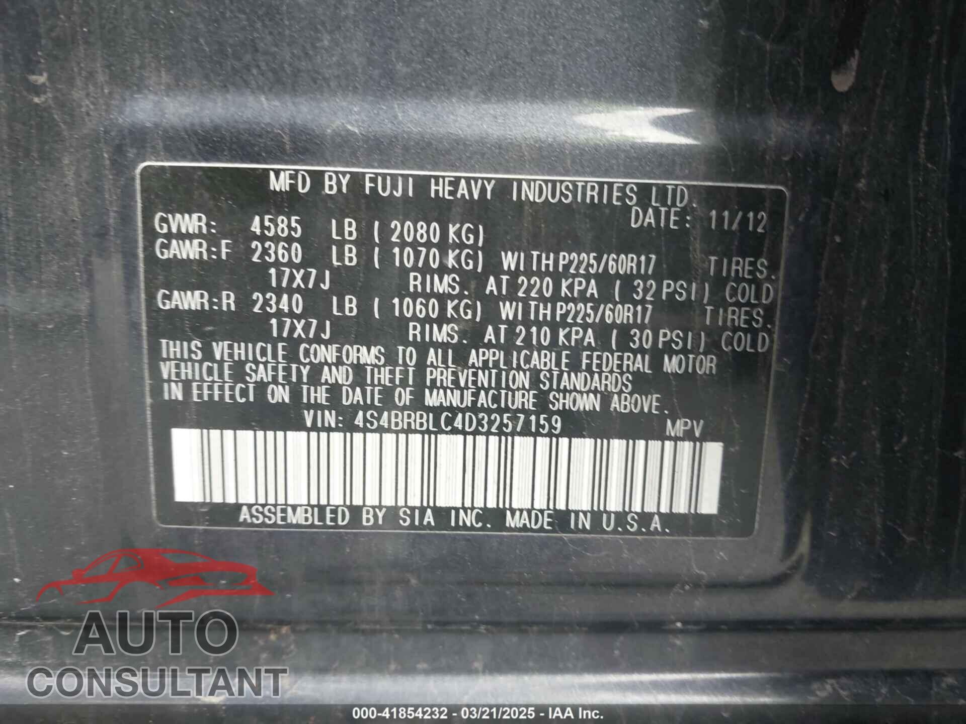 SUBARU OUTBACK 2013 - 4S4BRBLC4D3257159