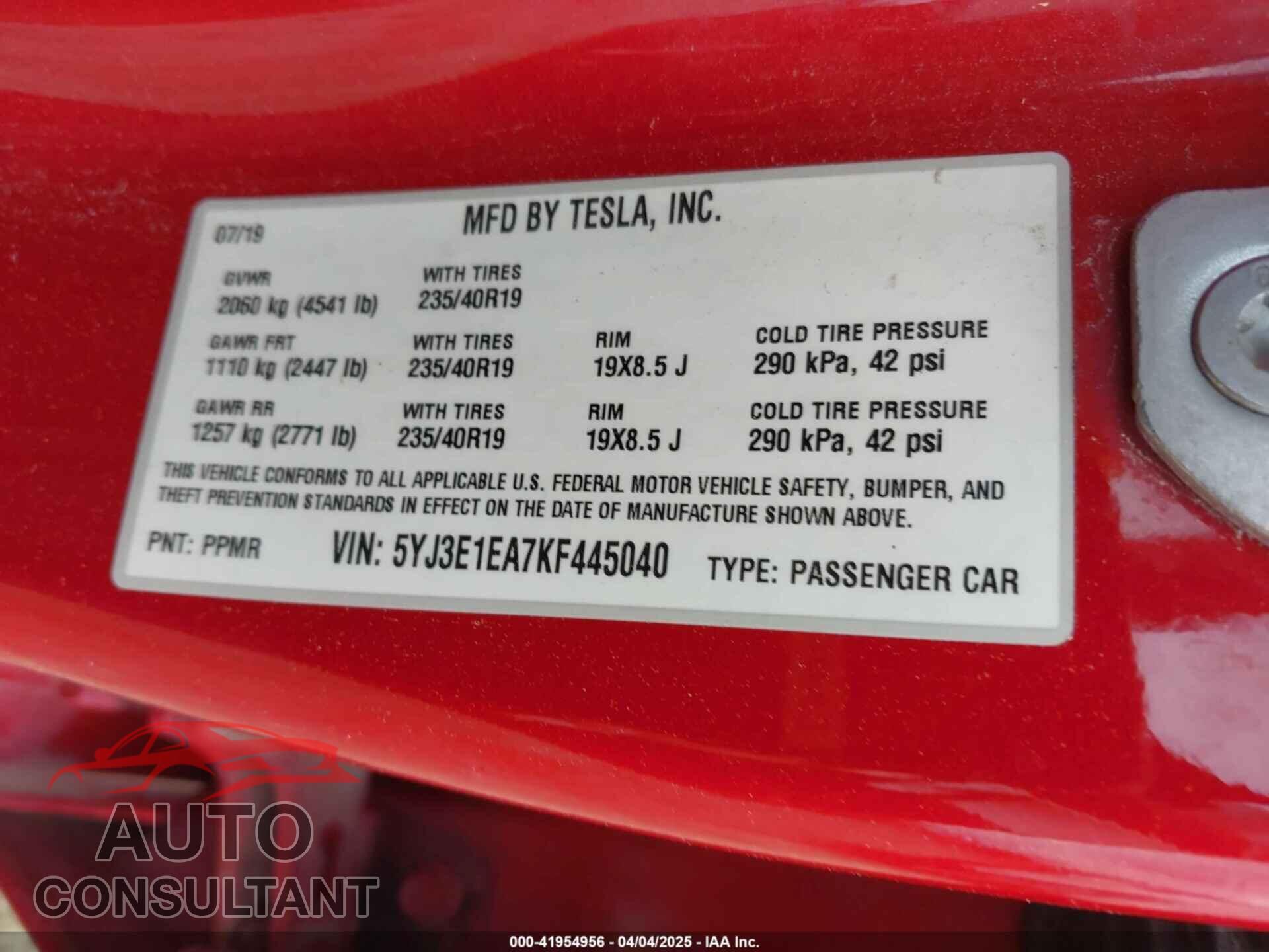 TESLA MODEL 3 2019 - 5YJ3E1EA7KF445040