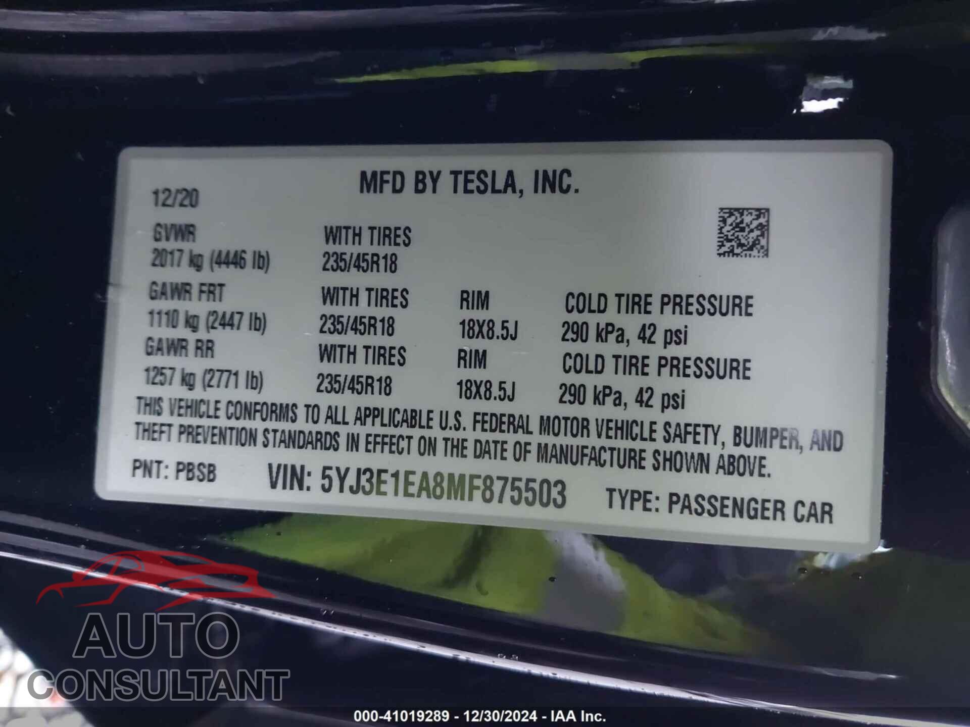 TESLA MODEL 3 2021 - 5YJ3E1EA8MF875503