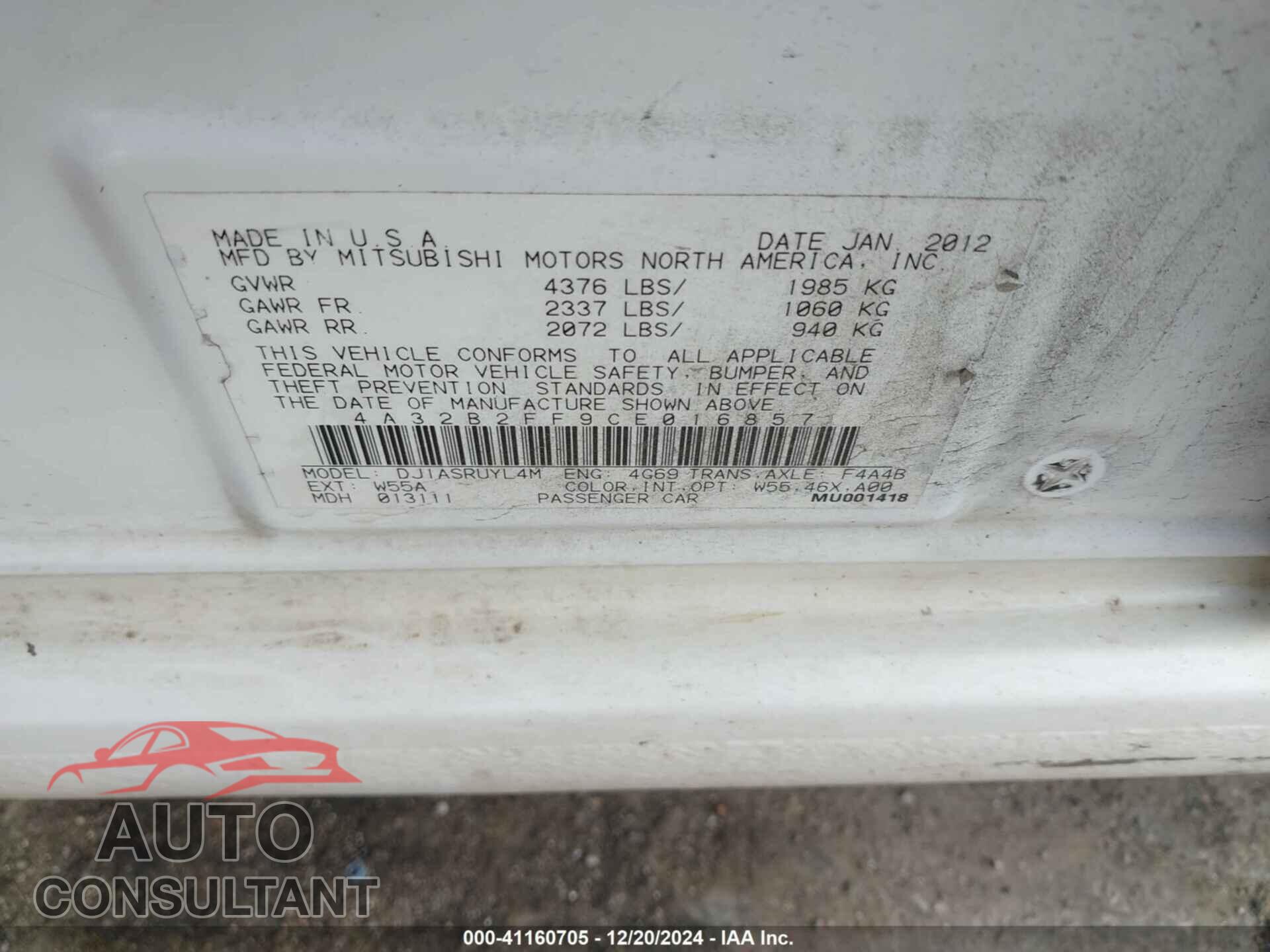 MITSUBISHI GALANT 2012 - 4A32B2FF9CE016857