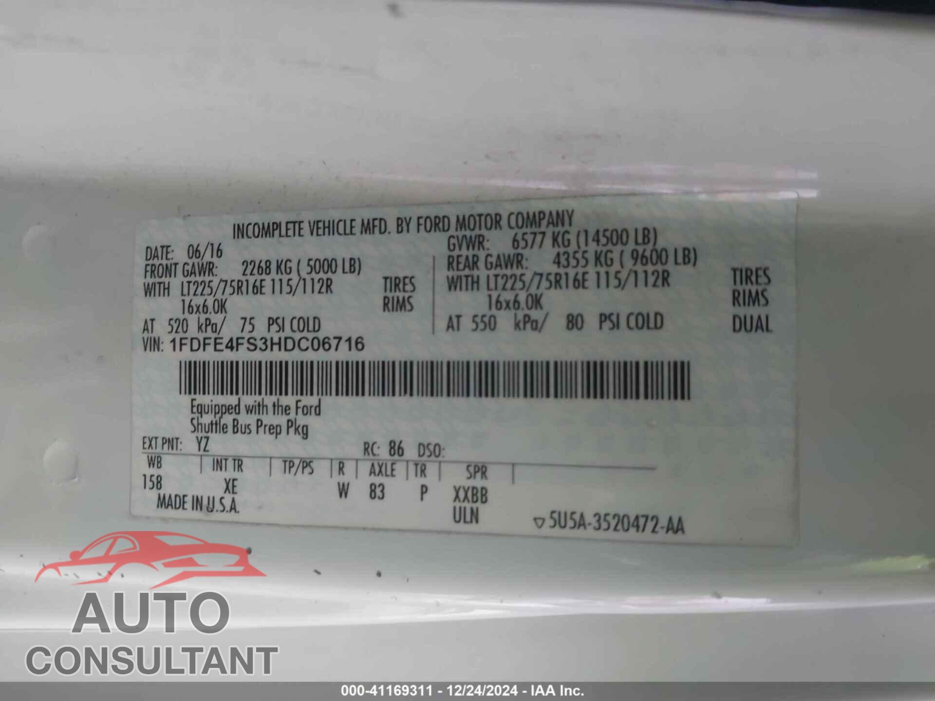 FORD E-450 CUTAWAY 2017 - 1FDFE4FS3HDC06716