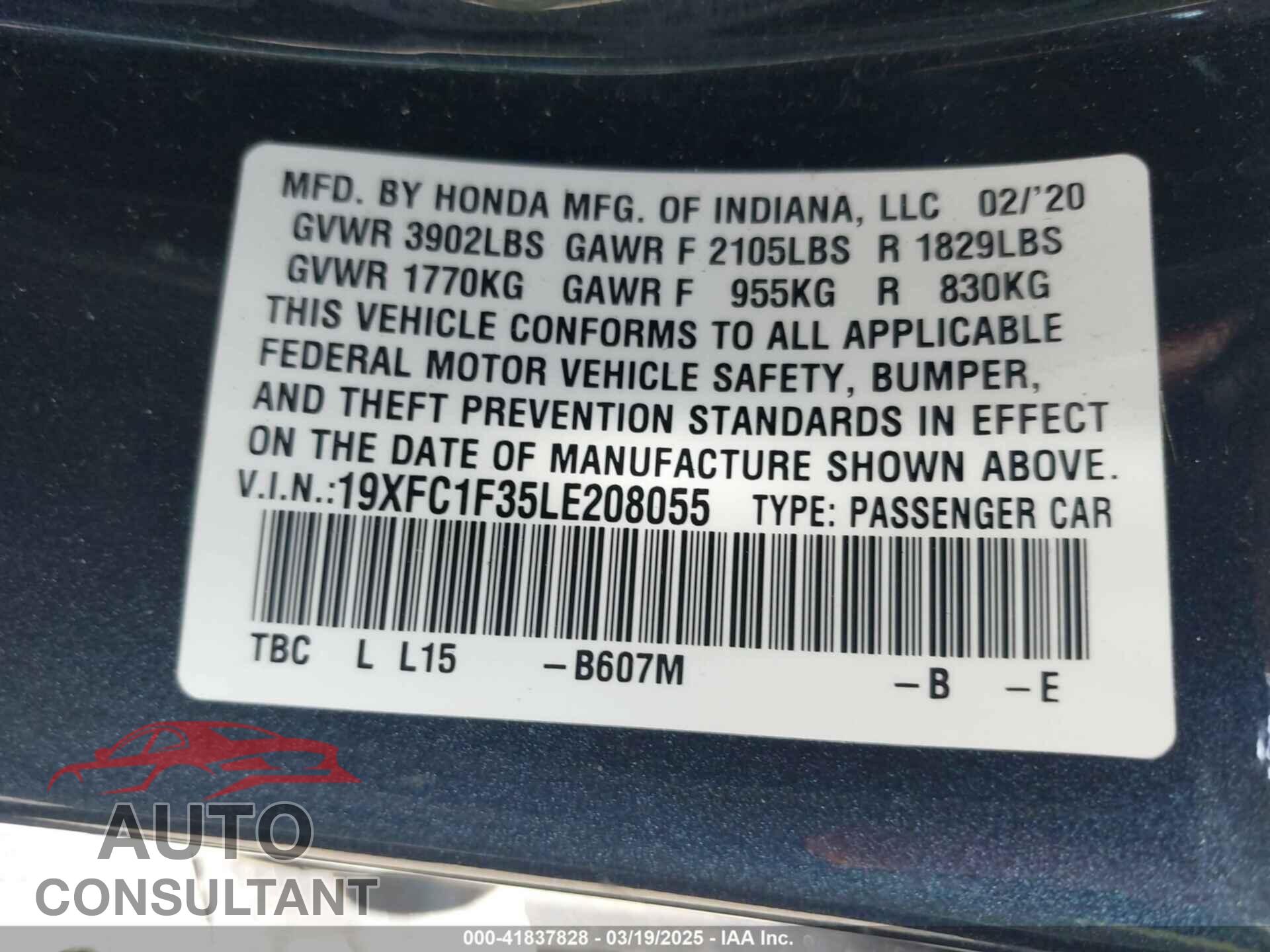 HONDA CIVIC 2020 - 19XFC1F35LE208055