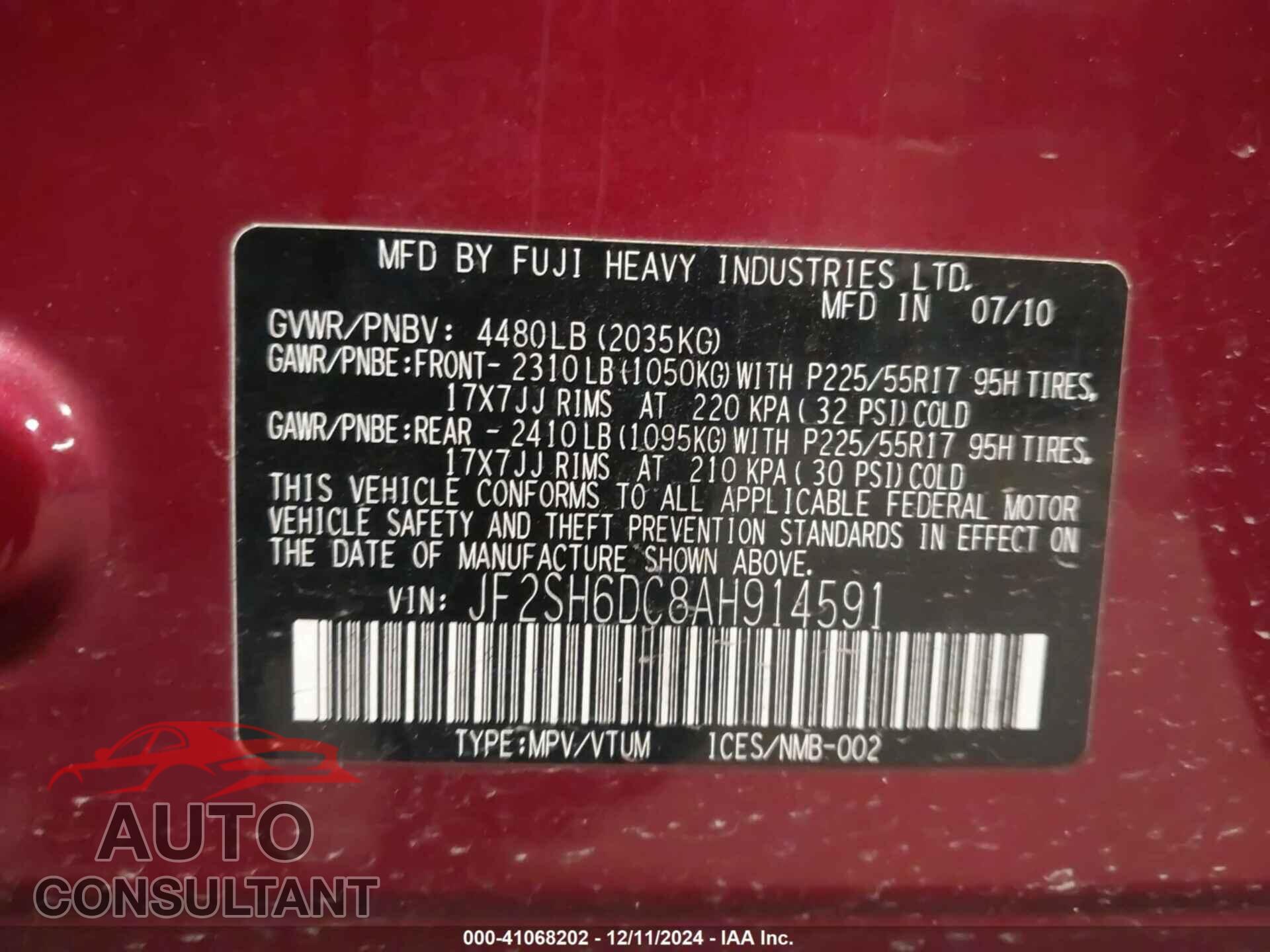 SUBARU FORESTER 2010 - JF2SH6DC8AH914591