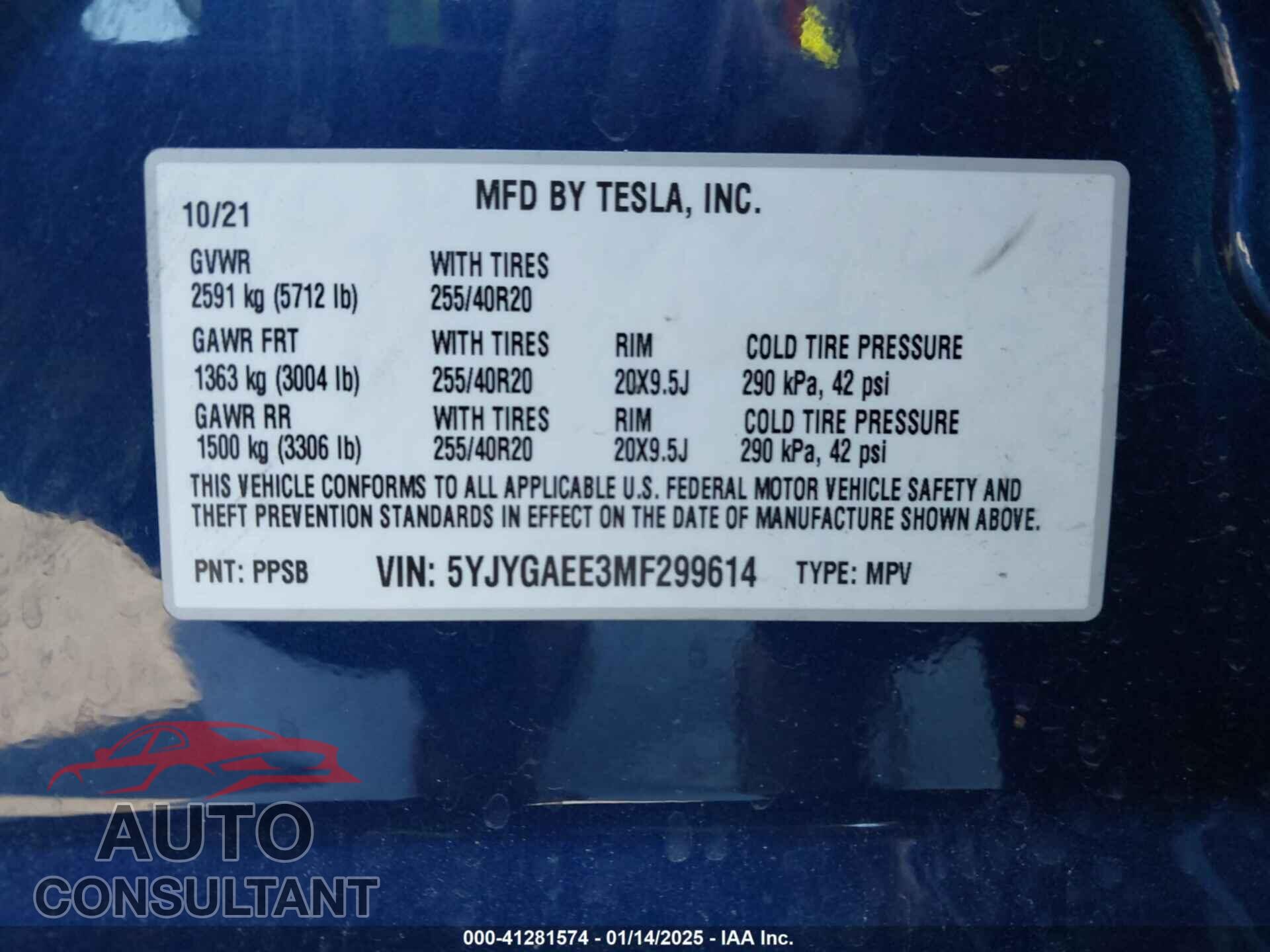 TESLA MODEL Y 2021 - 5YJYGAEE3MF299614
