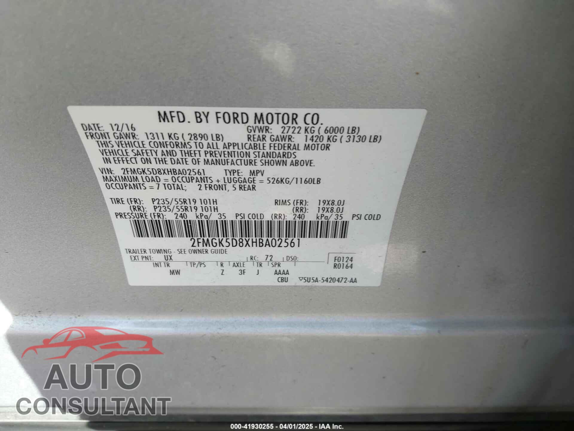 FORD FLEX 2017 - 2FMGK5D8XHBA02561