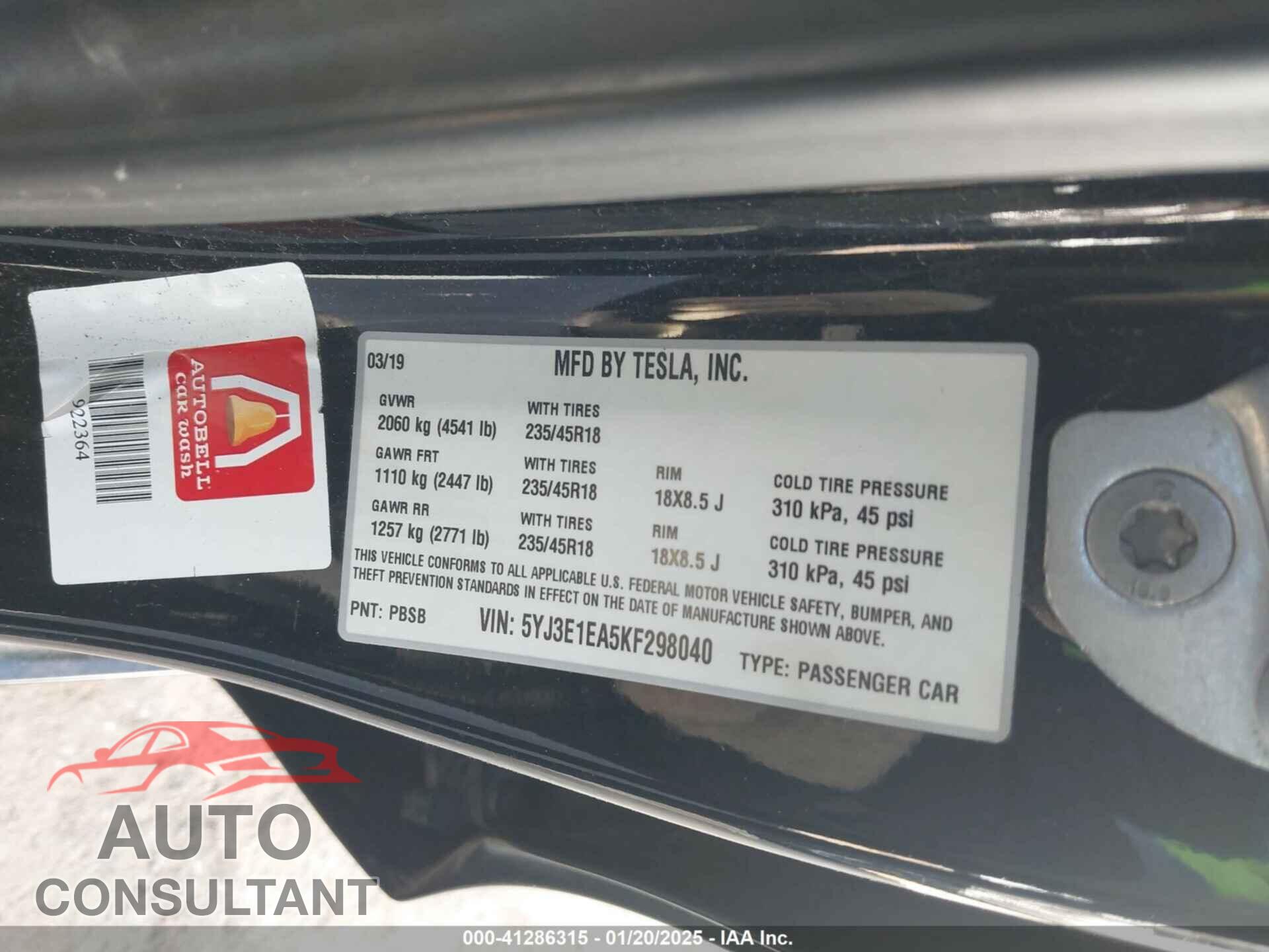 TESLA MODEL 3 2019 - 5YJ3E1EA5KF298040