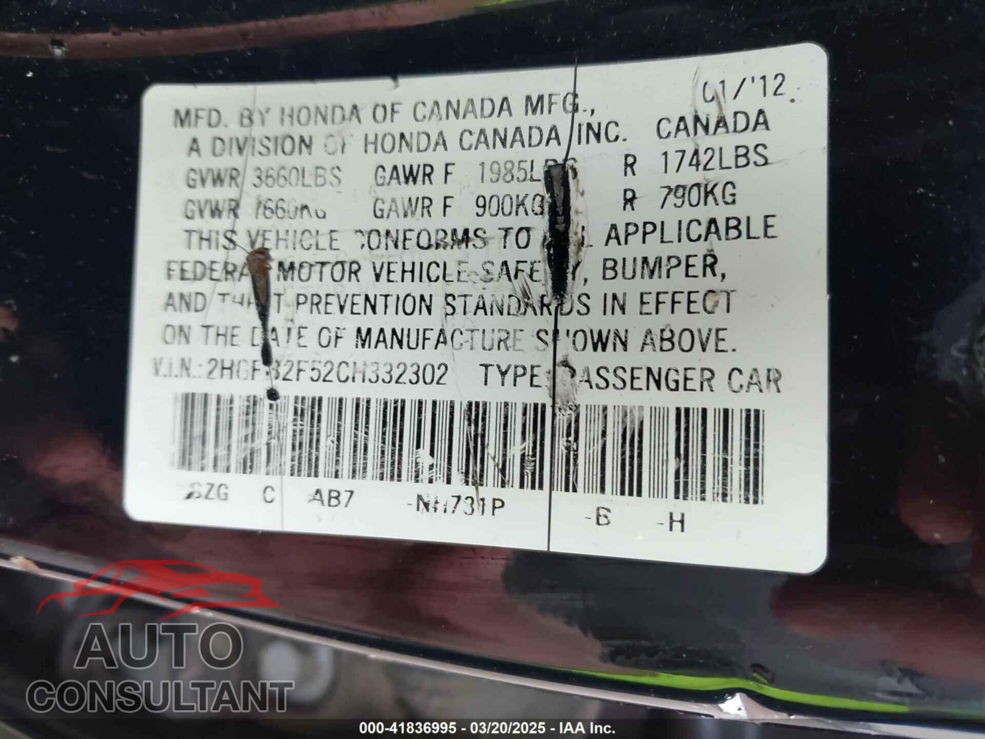 HONDA CIVIC 2012 - 2HGFB2F52CH332302