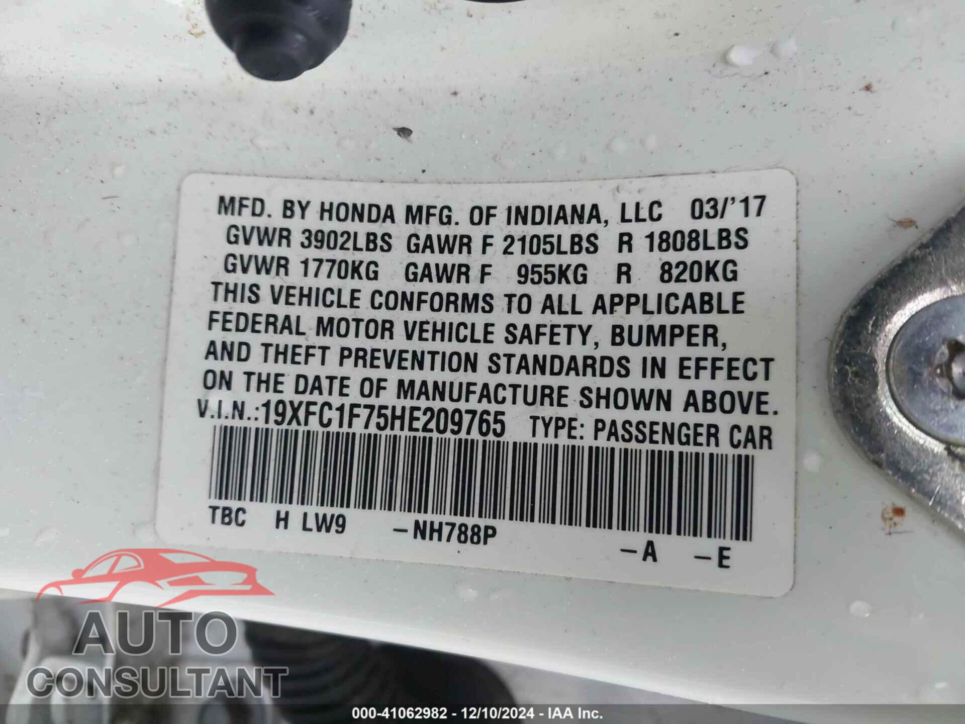 HONDA CIVIC 2017 - 19XFC1F75HE209765