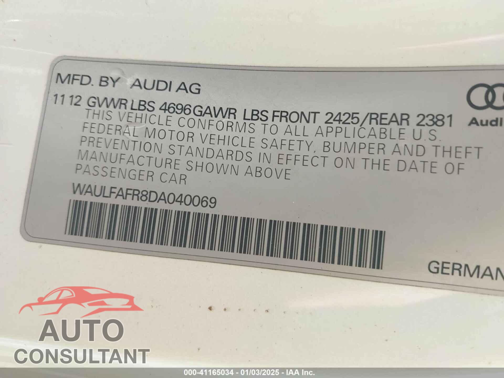 AUDI A5 2013 - WAULFAFR8DA040069