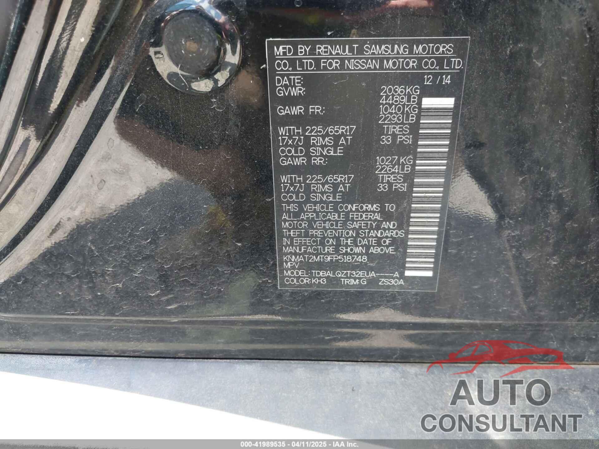 NISSAN ROGUE 2015 - KNMAT2MT9FP518748