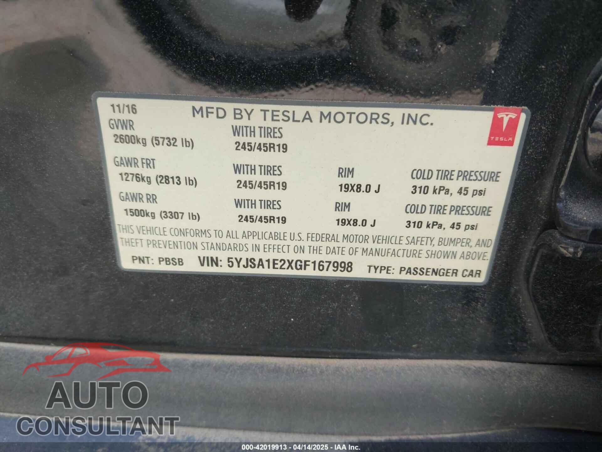 TESLA MODEL S 2016 - 5YJSA1E2XGF167998