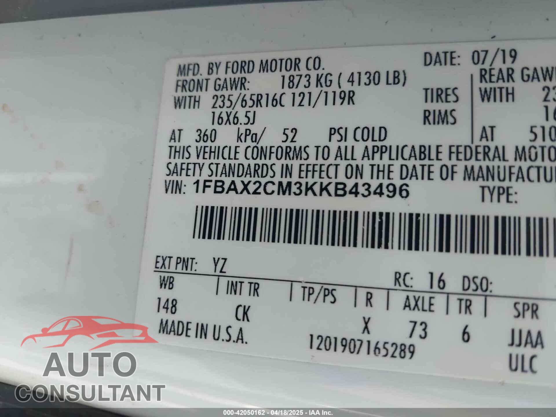 FORD TRANSIT-350 2019 - 1FBAX2CM3KKB43496