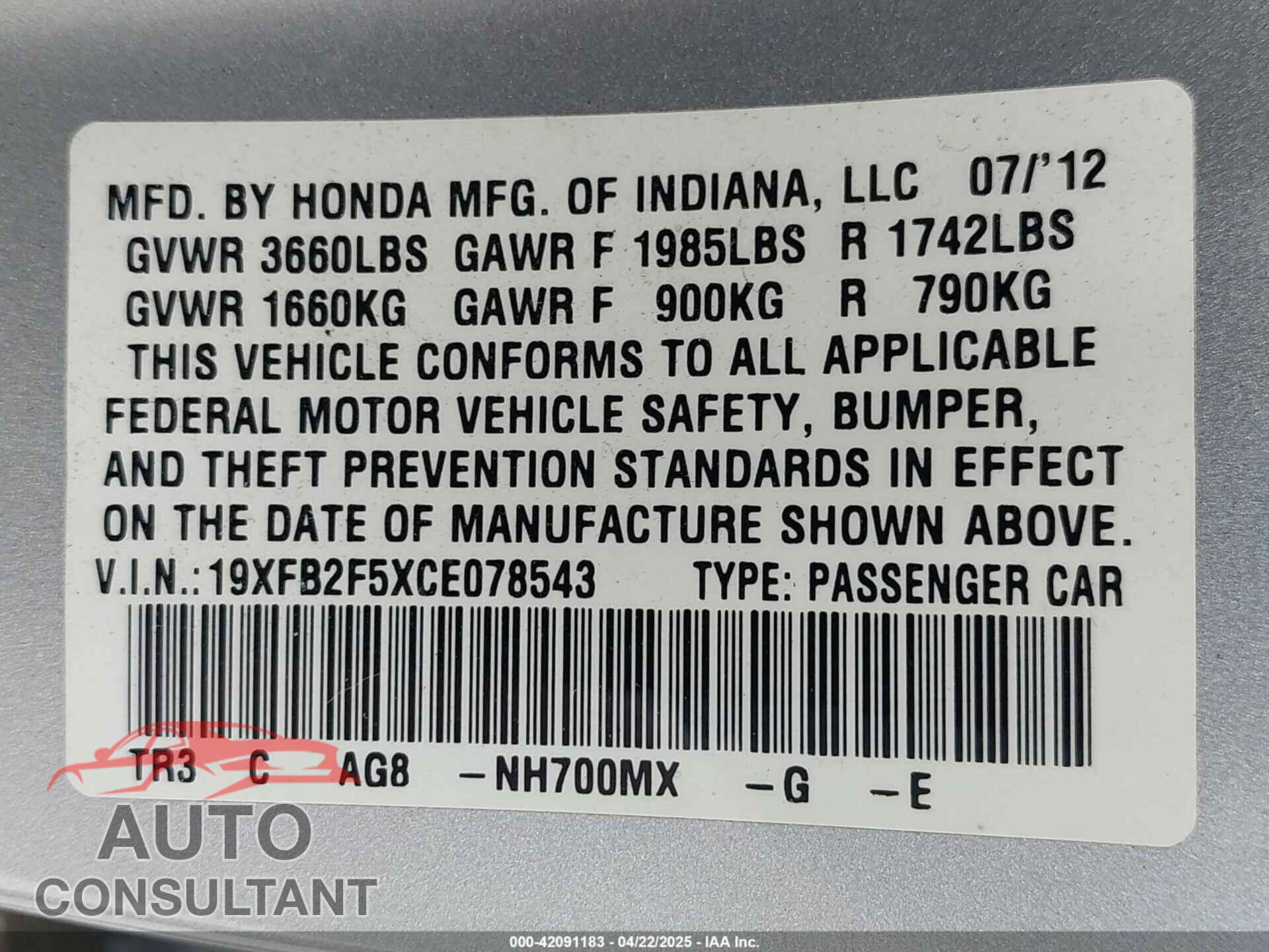 HONDA CIVIC 2012 - 19XFB2F5XCE078543