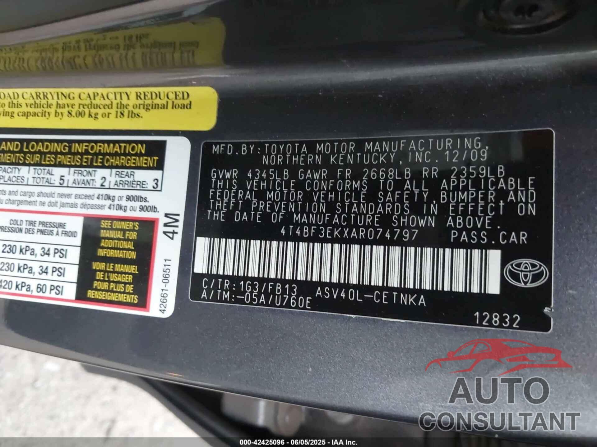 TOYOTA CAMRY 2010 - 4T4BF3EKXAR074797