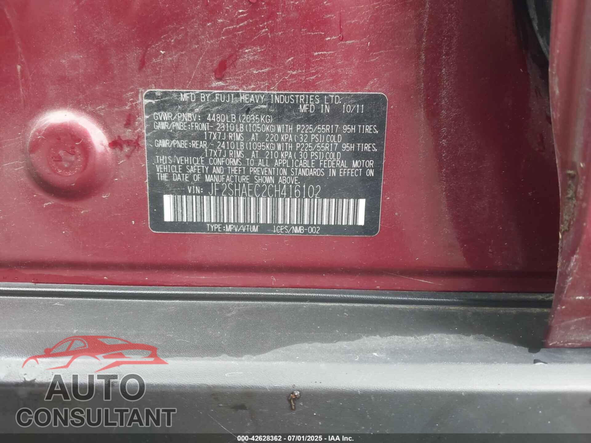 SUBARU FORESTER 2012 - JF2SHAEC2CH416102
