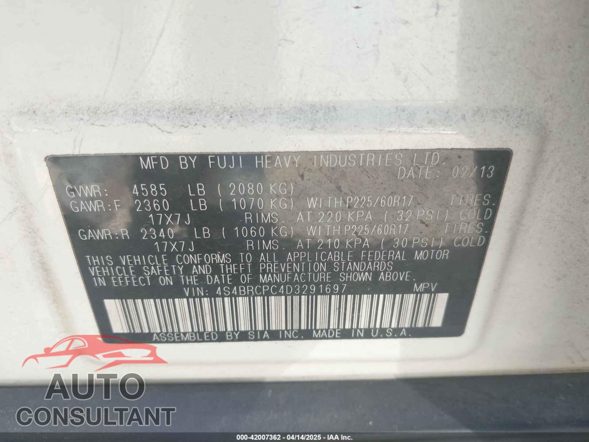 SUBARU OUTBACK 2013 - 4S4BRCPC4D3291697