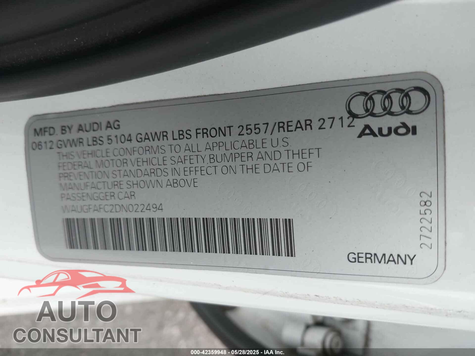 AUDI A6 2013 - WAUGFAFC2DN022494