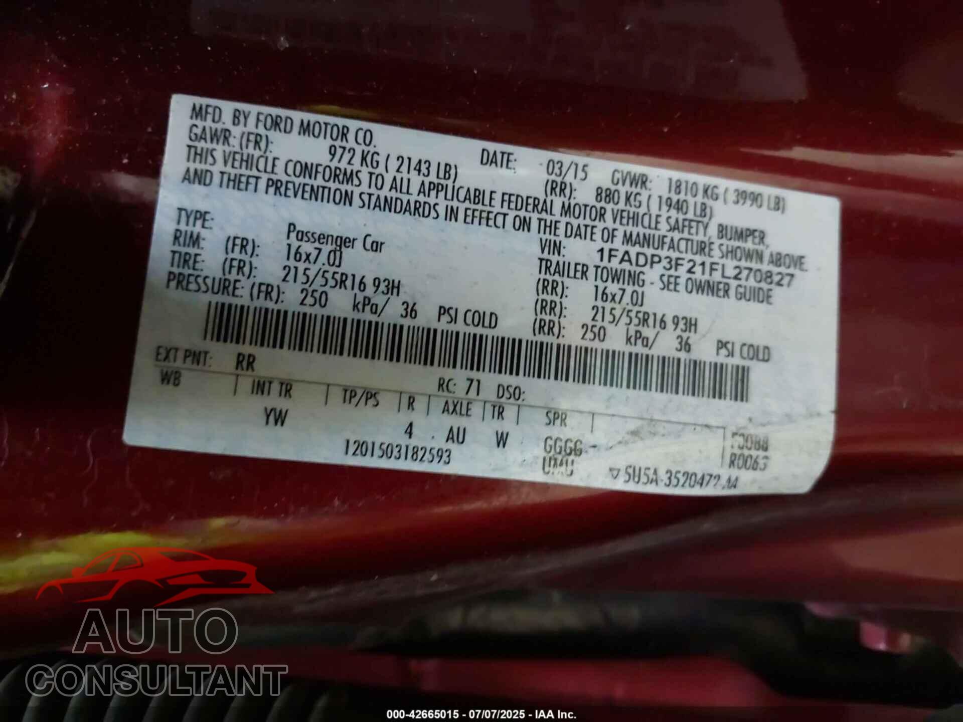 FORD FOCUS 2015 - 1FADP3F21FL270827