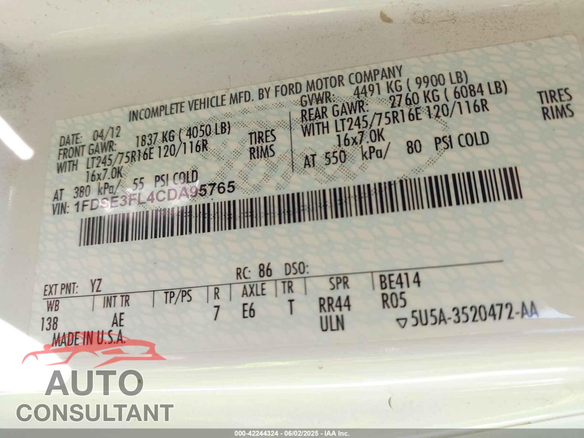 FORD E-350 CUTAWAY 2012 - 1FDSE3FL4CDA95765